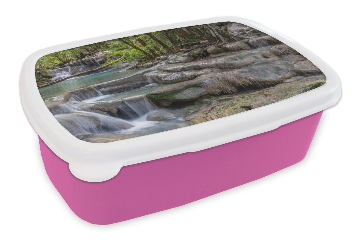 MuchoWow Lunchbox Wasserfälle im Erawan Asian National Park, Kunststoff, (2-tlg), Brotbox für Erwachsene, Brotdose Kinder, Snackbox, Mädchen, Kunststoff rosa