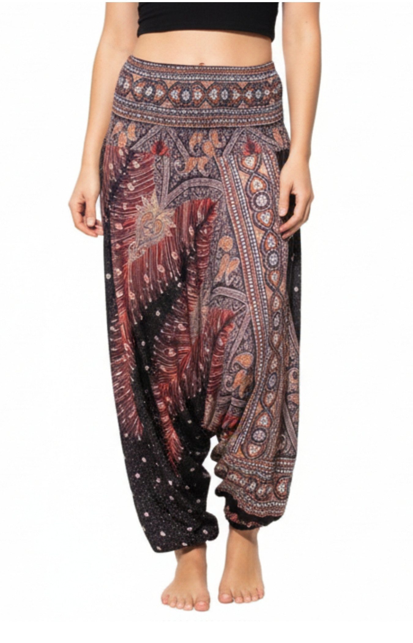 PANASIAM Haremshose Aladinhose im schönen Peacock Design Haremshose aus 100% natürlicher Viskose auch als Overall tragbar Damen Pumphose bequeme Freizeithose