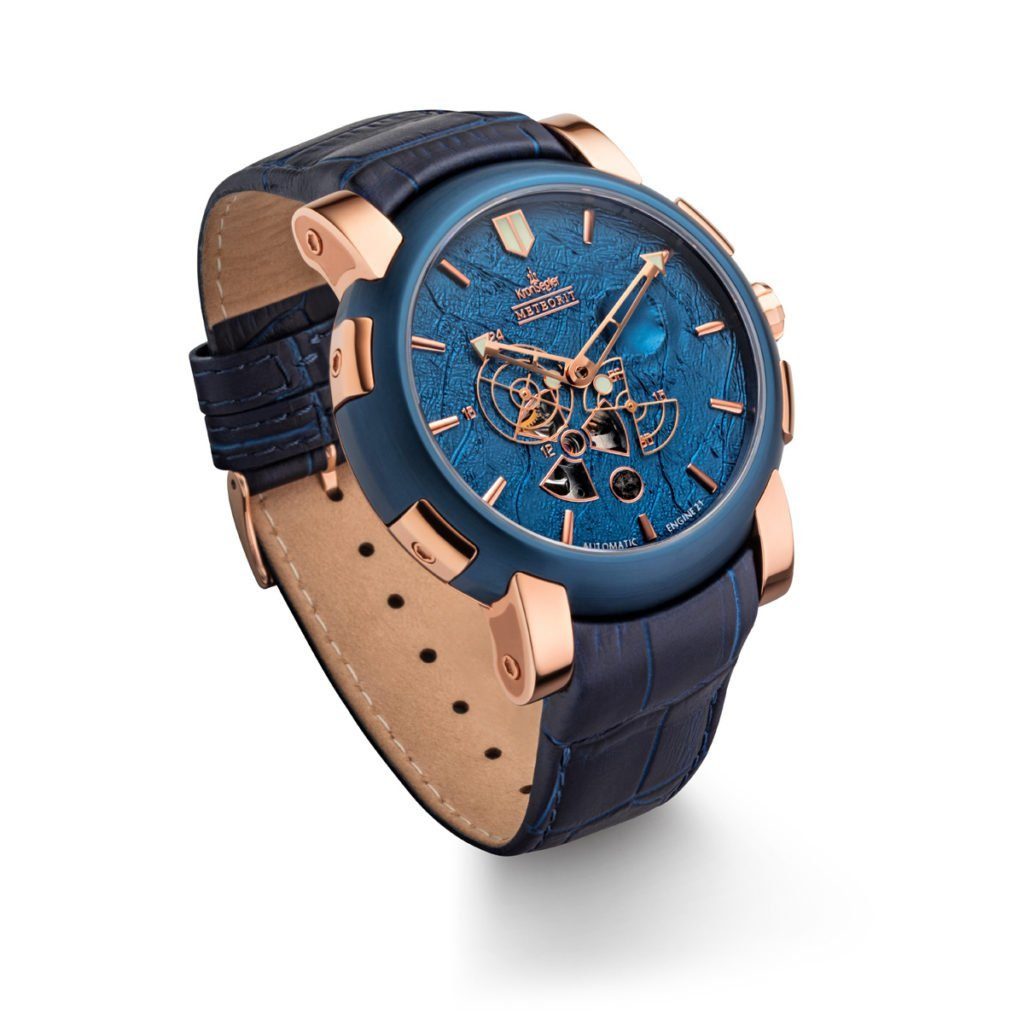 Kronsegler Automatikuhr Meteorit Herren Armbanduhr m. Lederband, mit Meteoritenstein rose-blau/blau