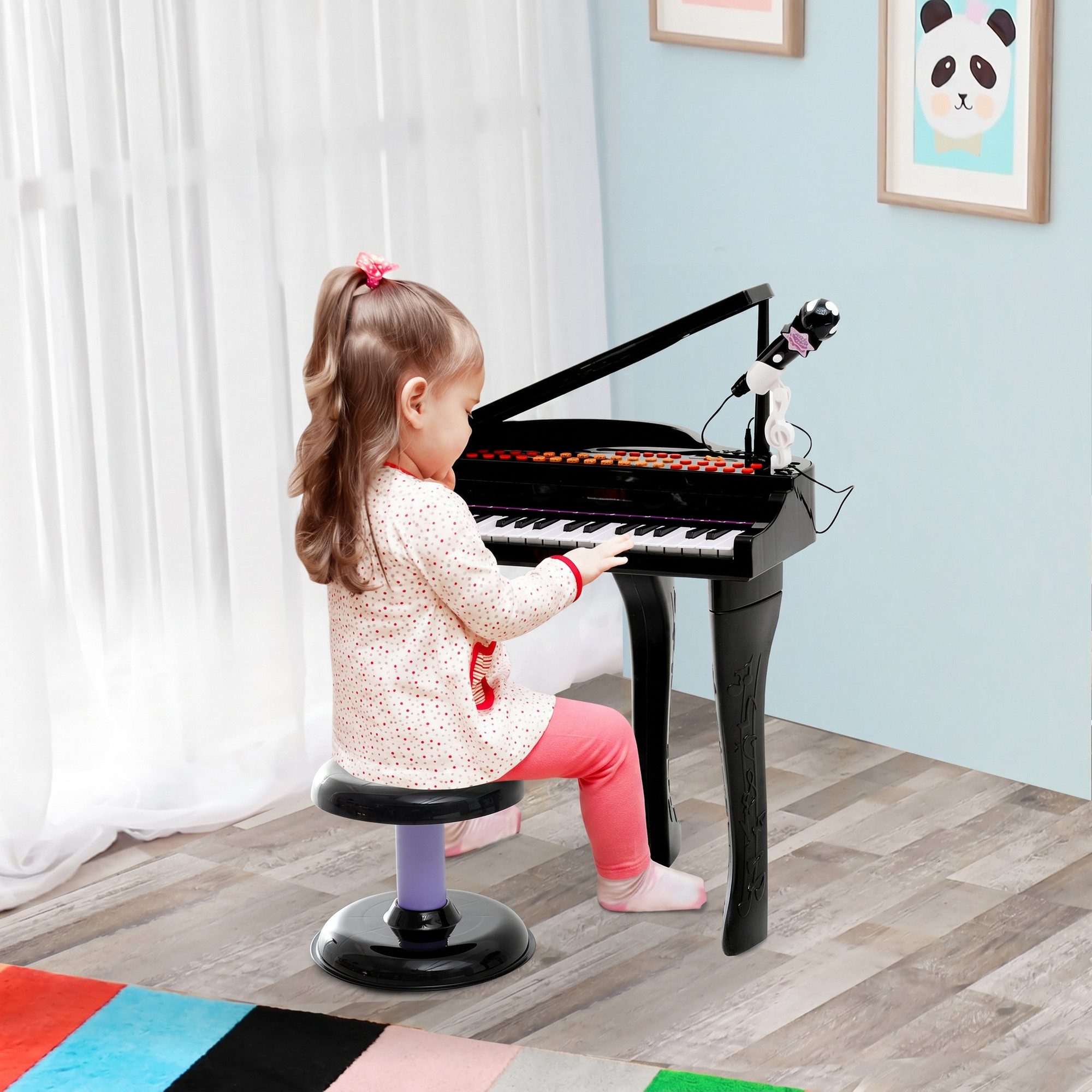 HOMCOM Spielzeug-Musikinstrument Keyboard Kinder mit Mikrofon, LED-Lehrmodus, Piano schwarz, (Mini-Klavier, 2 tlg., MP3 USB inkl. Hocker 37 Tasten), Schwarz 48 x 39 x 69 cm