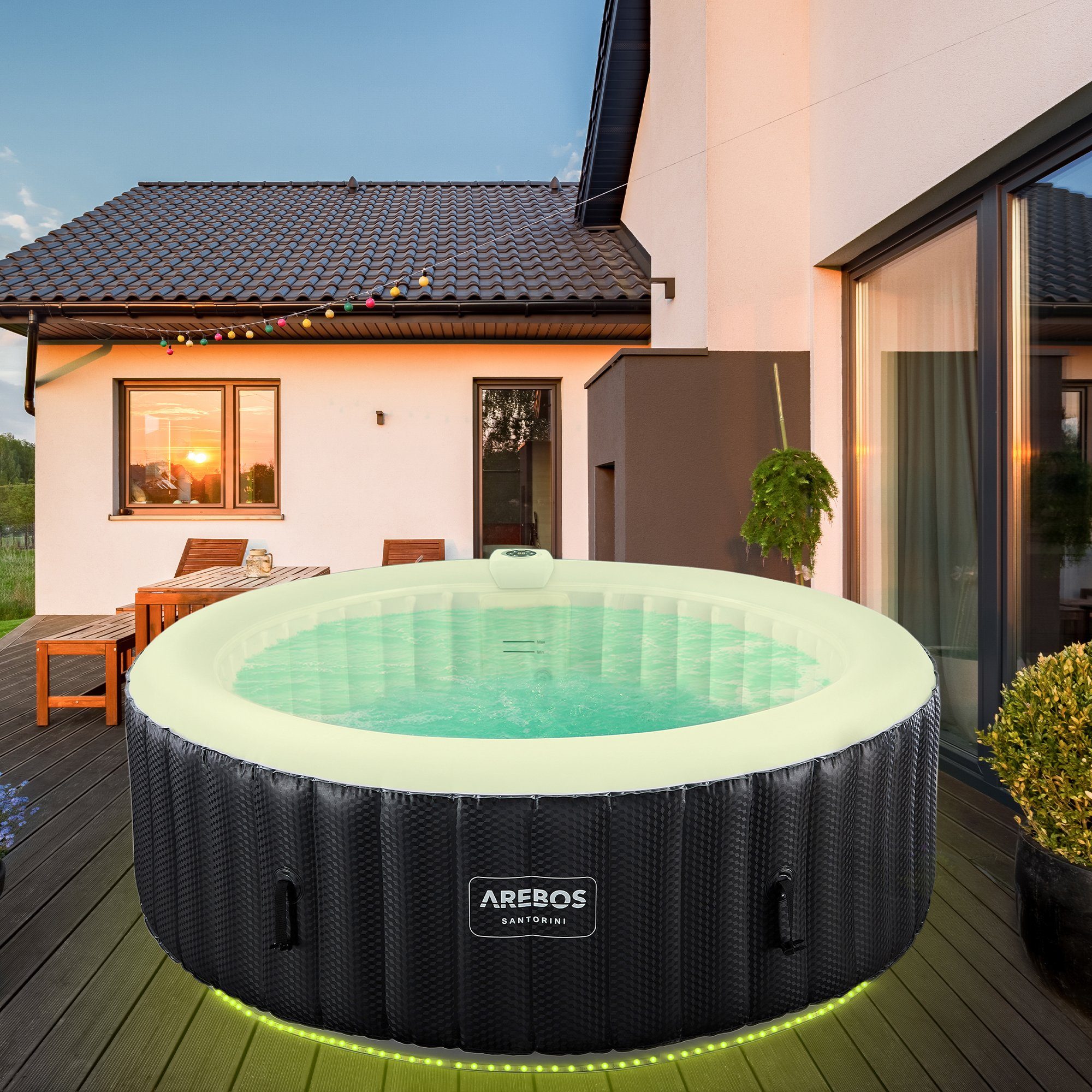 Arebos Whirlpool automatisch aufblasbar, In & Outdoor, 6 Personen, mit LED, (Aufblasbar,komplett mit Zubehör)