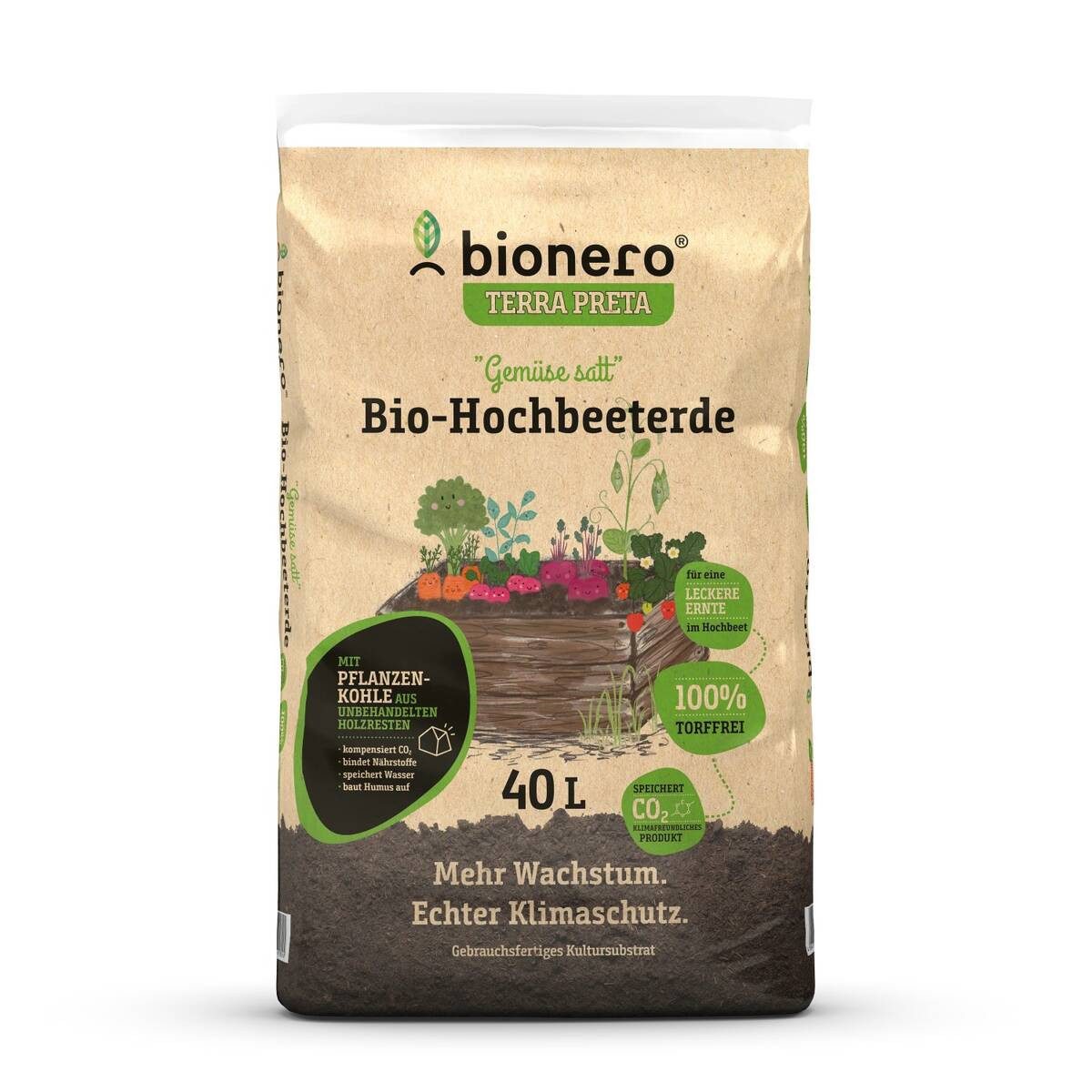 bionero TERRA PRETA Bio-Erde Bio-Hochbeeterde Gemüse satt, (Einzeln, im 40 Liter Sack), mit Pflanzenkohle, torffrei