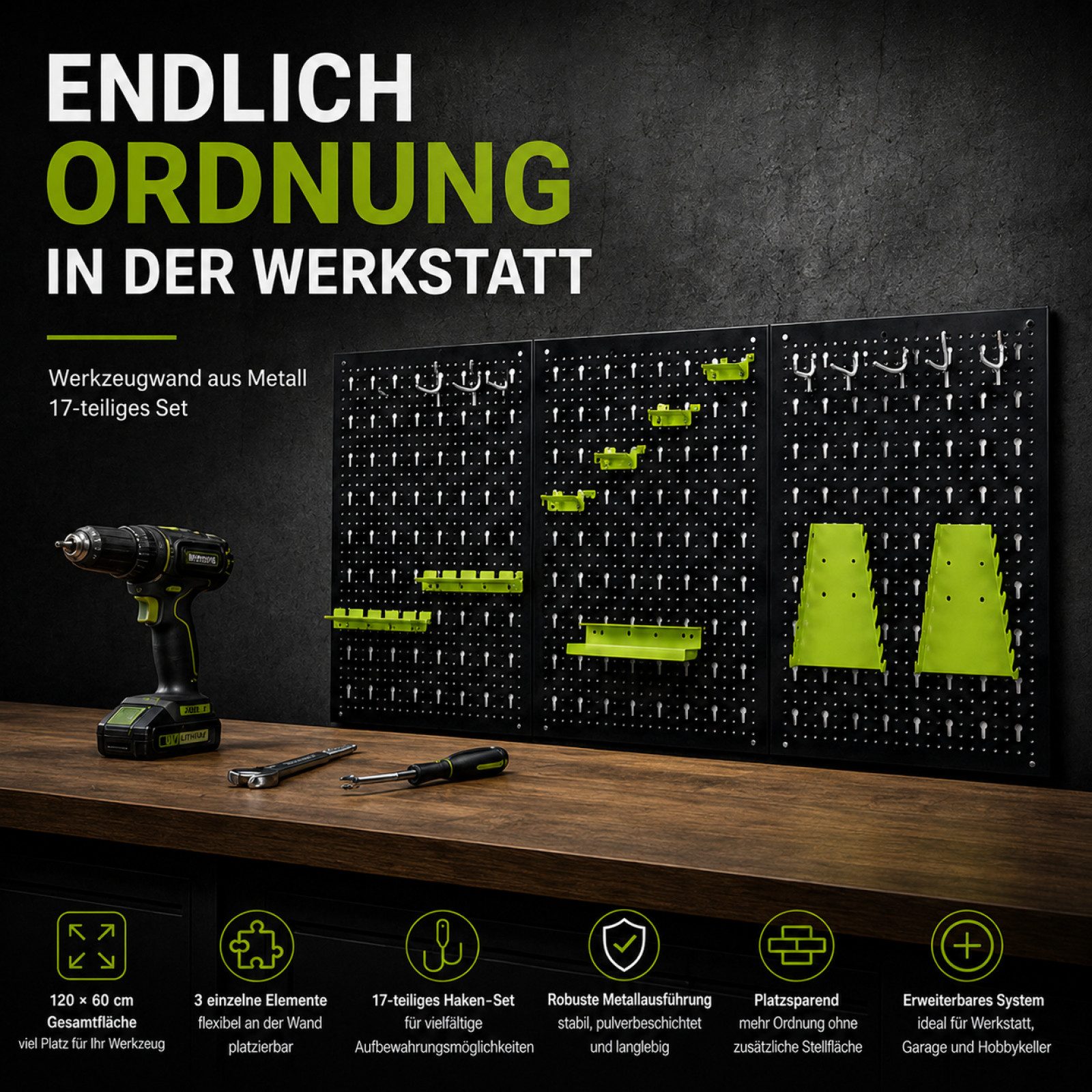 TRUTZHOLM Lochwand Werkzeugwand 120x60 cm 17tlg. Set Metall Lochwand Werkzeugaufbewahrung, (Set)