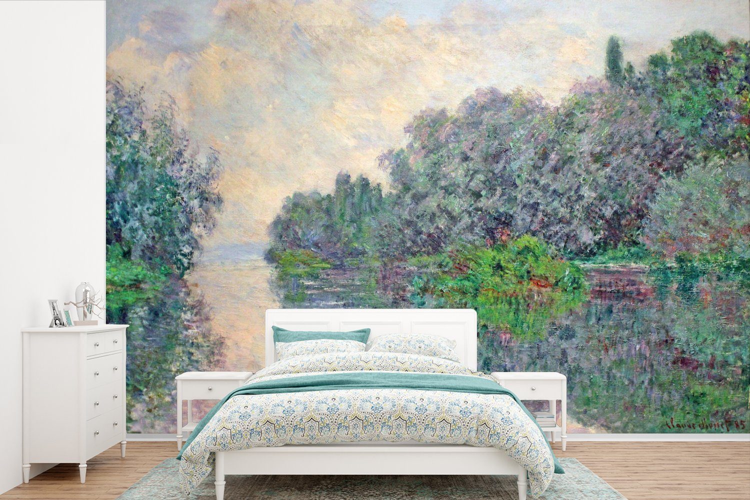 MuchoWow Fototapete Morgen an der Seine bei Giverny - Gemälde von Claude Monet, Matt, bedruckt, (6 St), Wallpaper für Wohnzimmer, Schlafzimmer, Kinderzimmer, Vinyl Tapete