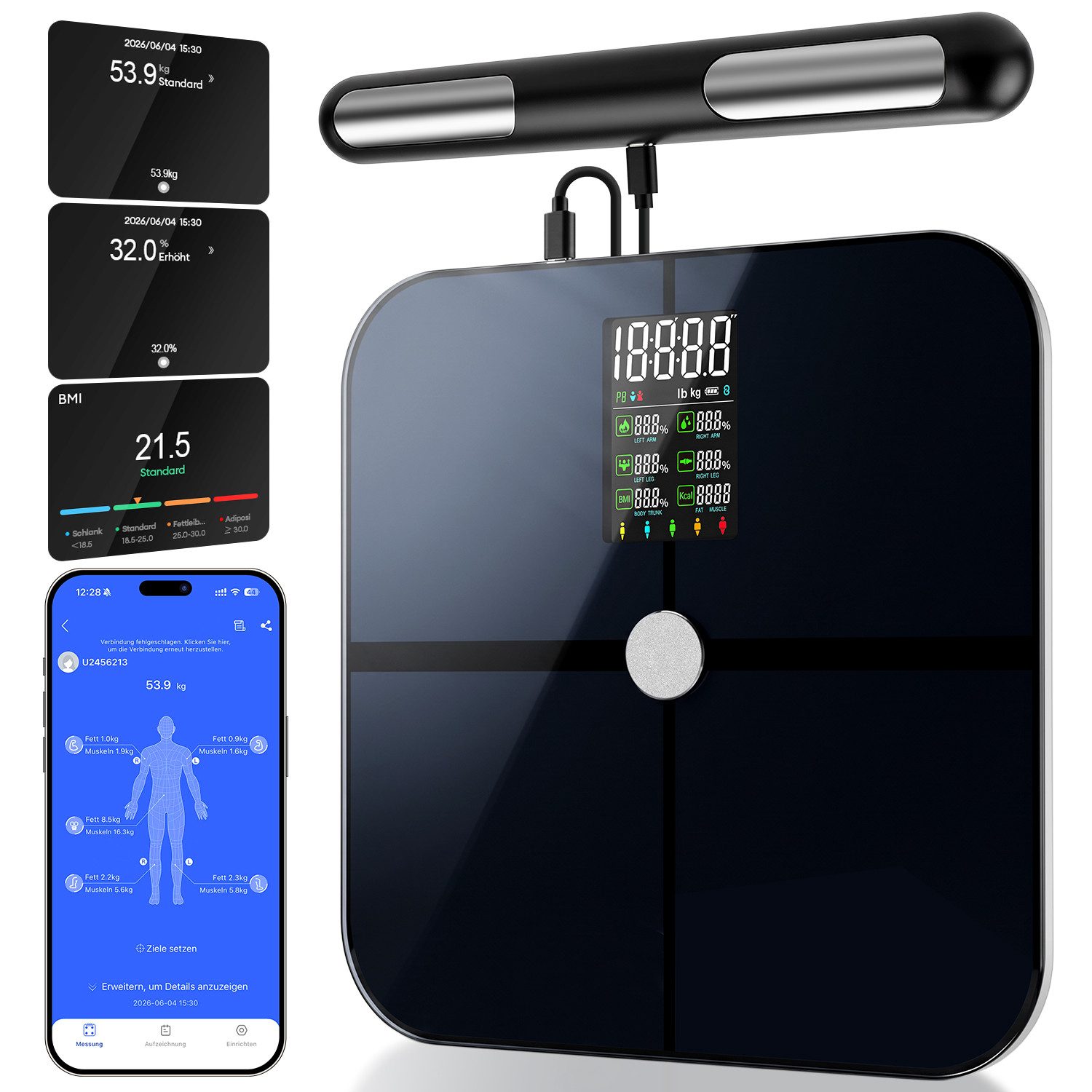 HS Onsing Körper-Analyse-Waage Personenwaage mit 8 Elektroden,Körperfettwaage,Ganzkörperanalyse Waage, Großem Display,mit Körperfett und Muskelmasse,Protein, BMI, mit 22 Körperparametern,Bluetooth App,180 kg/400 lbs, für 8 Nutzer