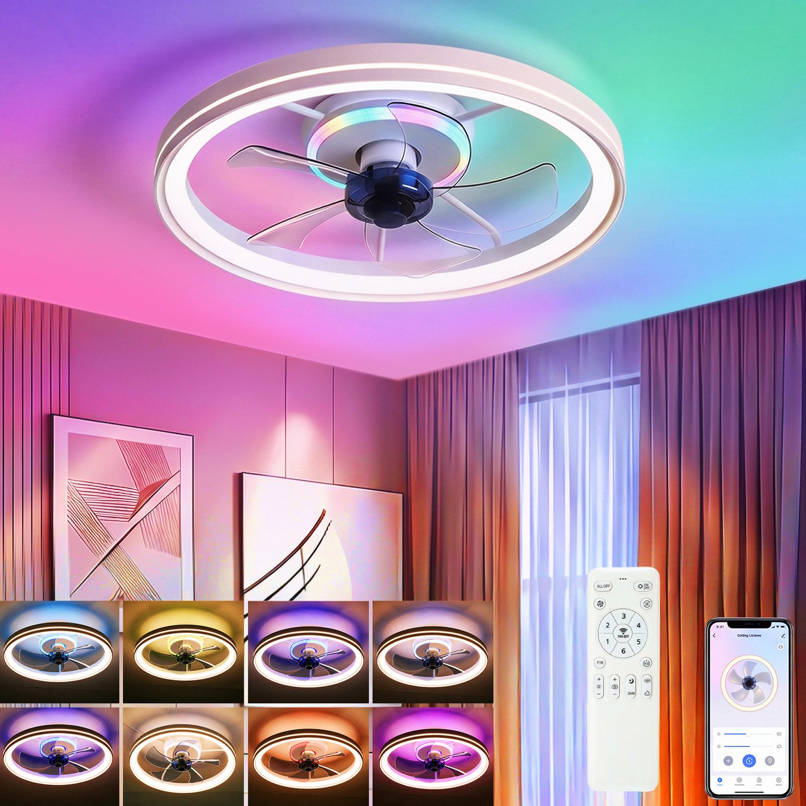 oyajia Deckenventilator 70W Deckenleuchte Dimmbar, Leise Deckenventilator 6 Geschwindigkeiten, LED Deckenbeleuchtung mit Ventilator für Wohnzimmer Schlafzimmer Küche