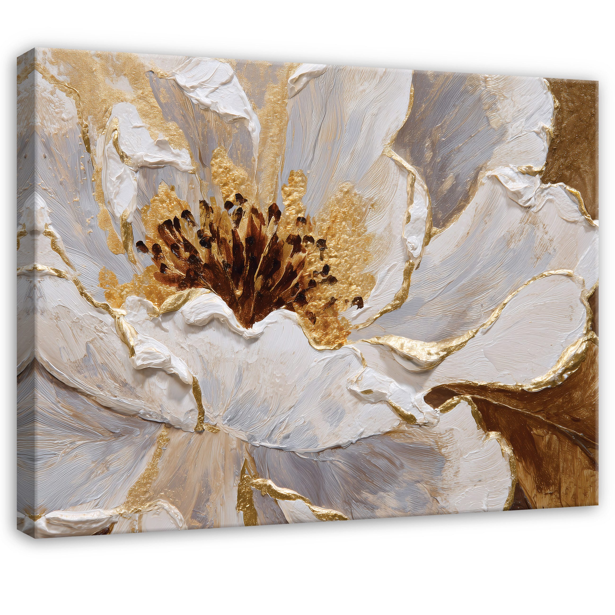Wallarena Leinwandbild Weiß Blume Gold Aquarell Modern Wandbilder Wand Deko XXL Изображения, Blume (groß Изображения Wohnzimmer Schlafzimmer Einteilig, 1 St), Изображения Klein Wohnzimmer Schlafzimmer Küche Wandbild Wand Deko 40x30