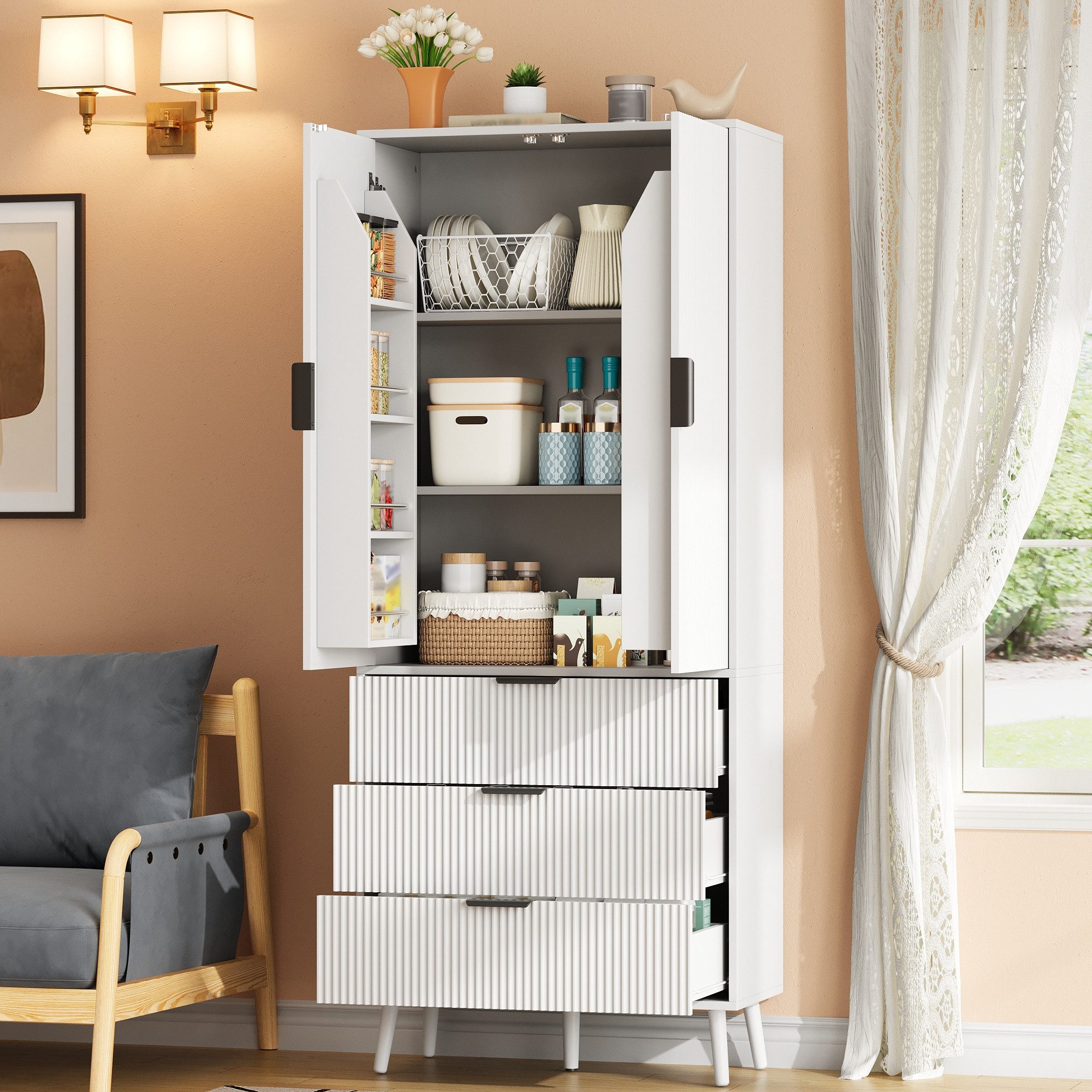 Flieks Hochschrank Vorratsschrank mit 3 Schubladen, Türablagen, verstellbar Einlegeböden (Massivholzbeine, 75x35x180 cm, 1-St., für Küche, Wohnzimmer, Esszimmer – Bild 2 von 5