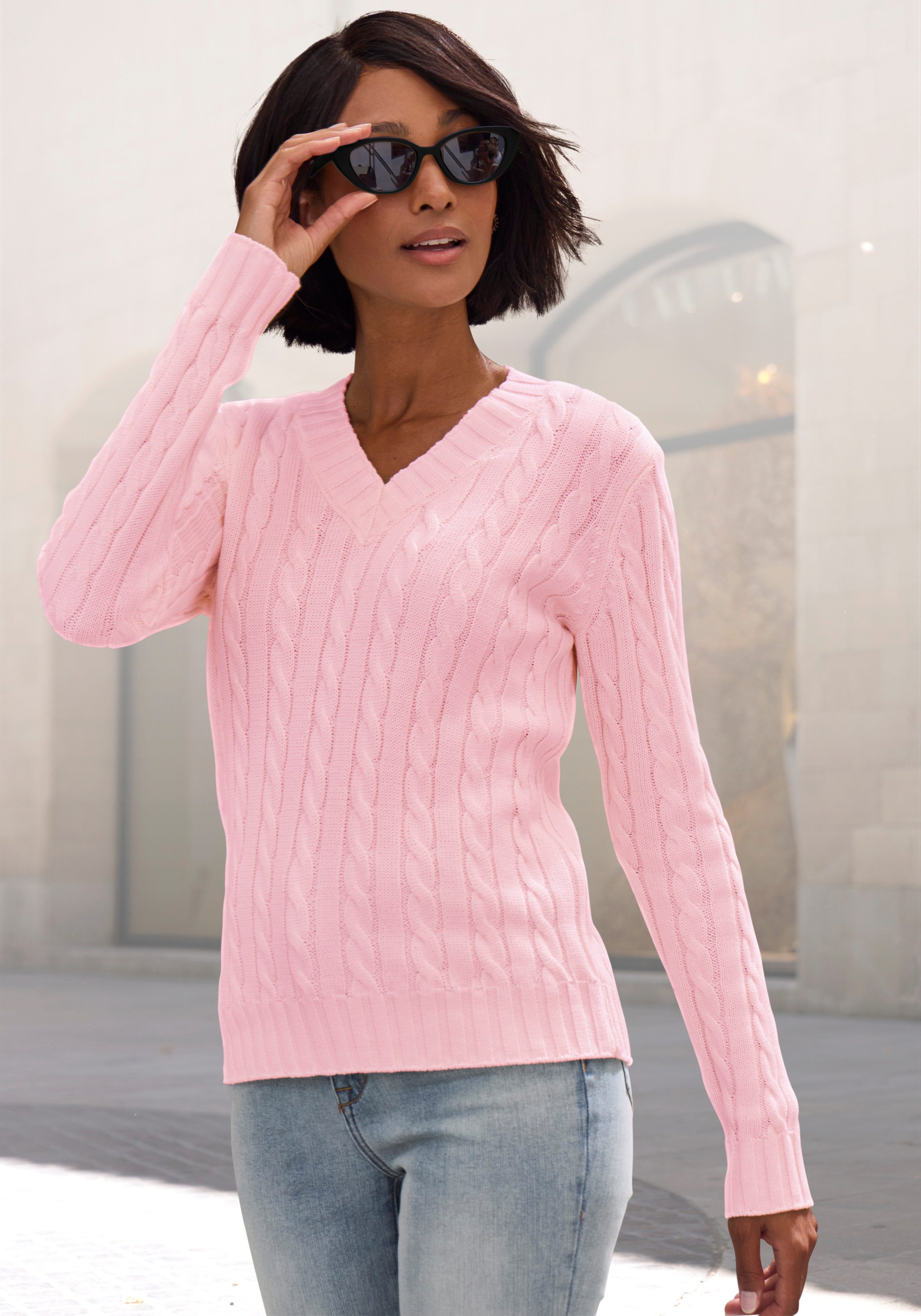 LASCANA V-Ausschnitt-Pullover mit Zopfstrickmuster