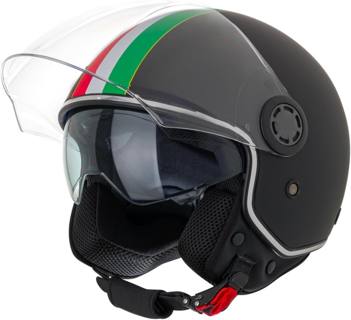 VINZ Motorradhelm Varese Jethelm mit Doppelvisier mit Italienische Flagge,  Vollvisierhelm Mopedhelm, Motorradhelm Full-Face Helme, In Gr. XS-XL