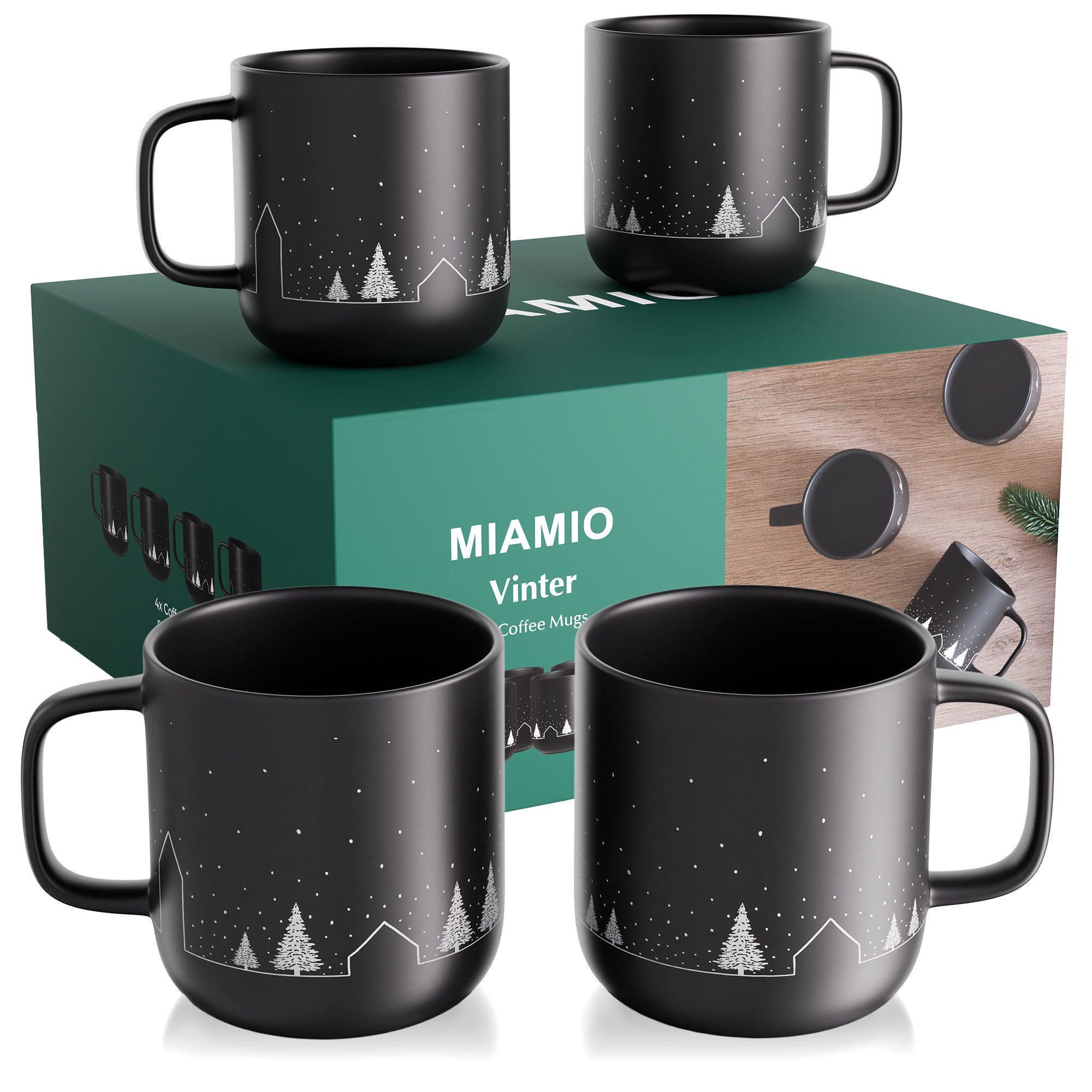 MiaMio Tasse Vinter Schneelandschaft Schwarz, 4-tlg., Keramik, 500 ml, mikrowellengeeignet