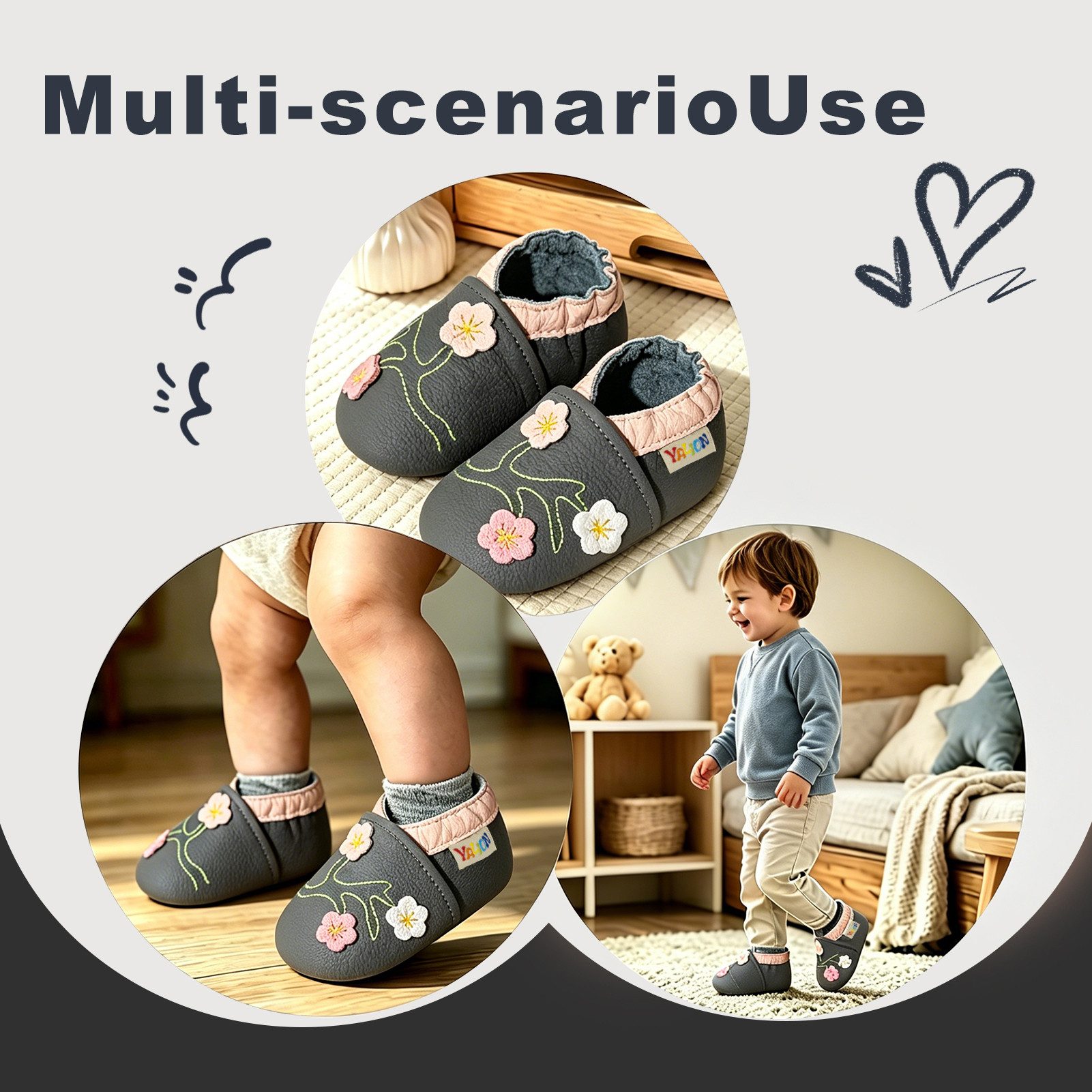 Yalion Weiche Leder Lauflernschuhe Hausschuhe Lederpuschen 3-Blumen Grau Krabbelschuh – Bild 4 von 5