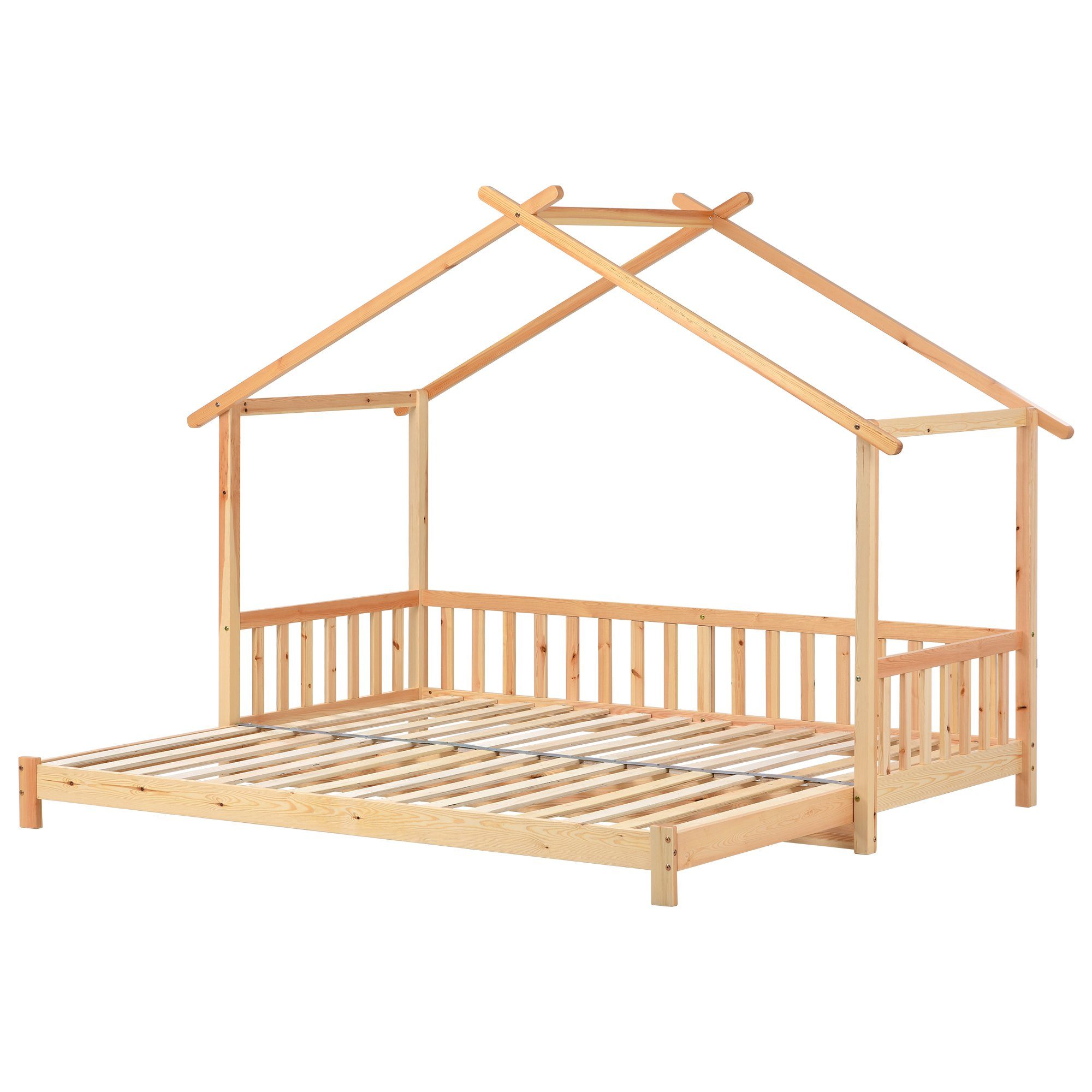 Massivholzbett (Einzelbett Hausbett), Erweiterbares Kinderbett, 90*200cm/180*200cm, aus massivem Kiefernholz