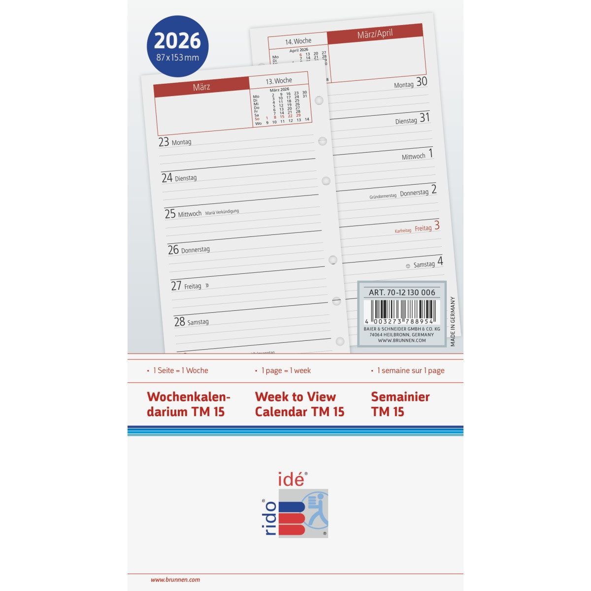 rido ide Terminplaner Ersatzkalendarium TM15 für Ringbuchplaner 8,7x15,3cm 1 Woche/Seite 202