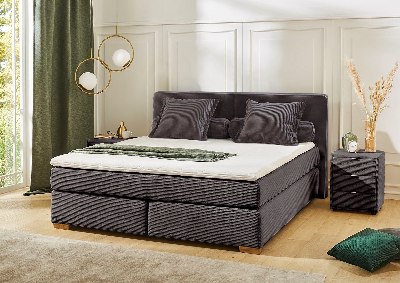 Jockenhöfer Gruppe Boxspringbett Romy erhältlich in 140 & 180cm Breite, Cordstoff, 7-Zonen-TTFK-Matratze, KS-Topper, Echtholzfüße