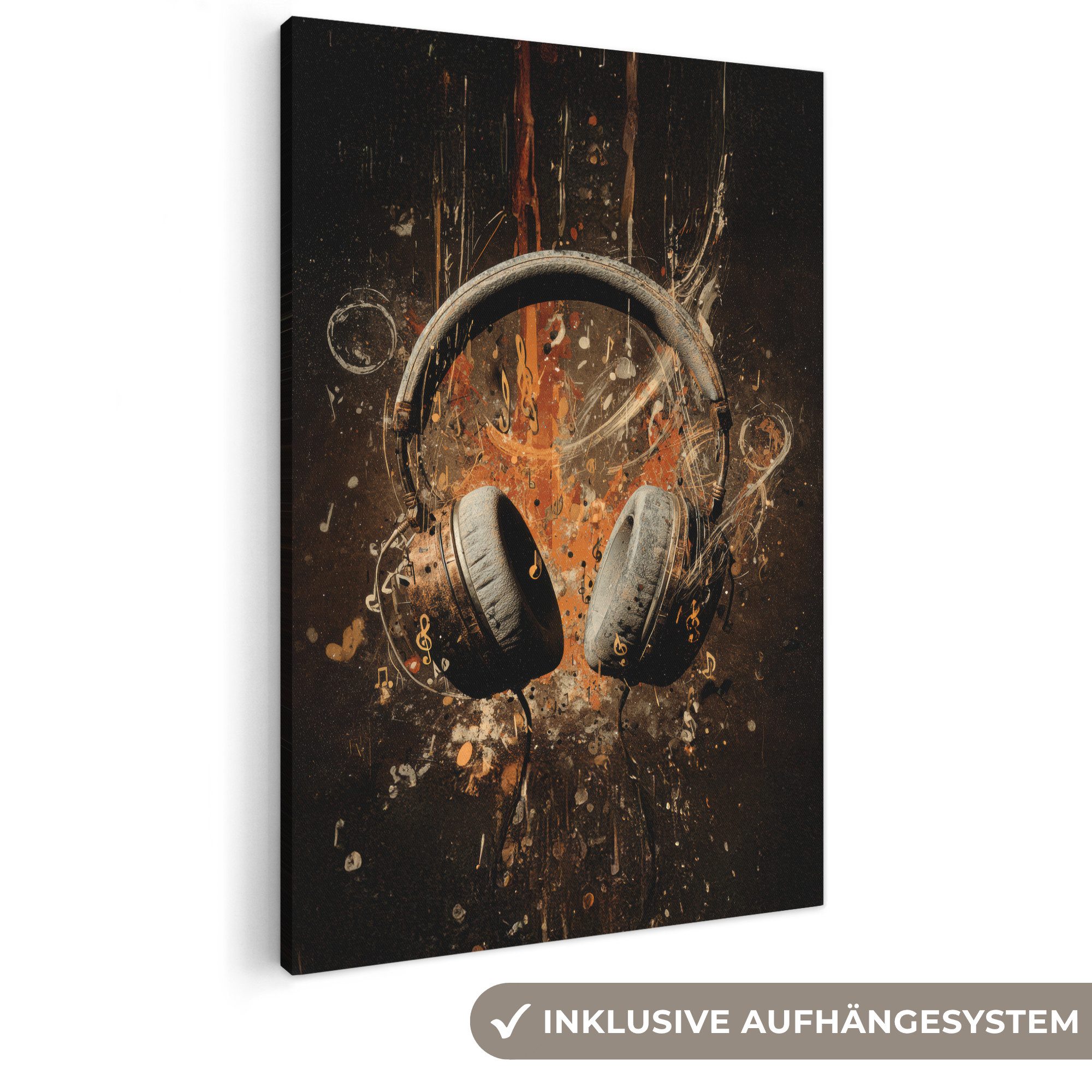 OneMillionCanvasses® Leinwandbild Kopfhörer - Braun - Dynamische Pinselstriche, Fotodruck (1 St), Bilder groß Wohnzimmer Schlafzimmer 80x120 cm