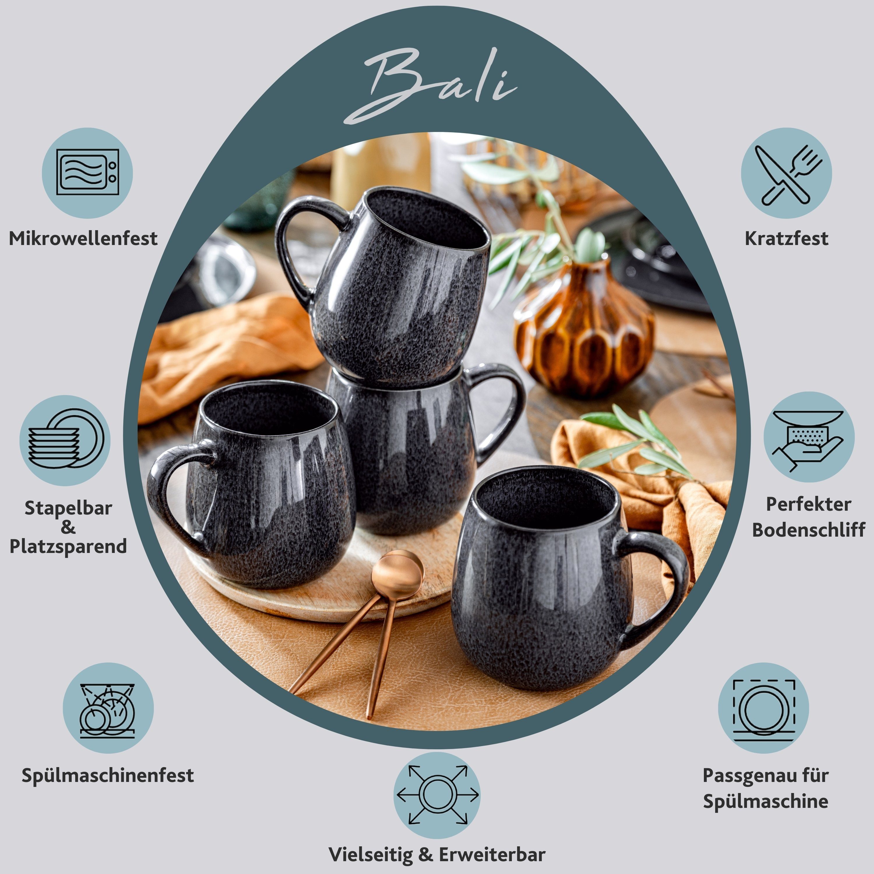 SÄNGER Becher Bali Kaffeeebecher Set (4-teilig), 4-tlg., Steingut, Dunkelgrau mit dunkler Maserung, Handmade, 350 ml, Premium Collection