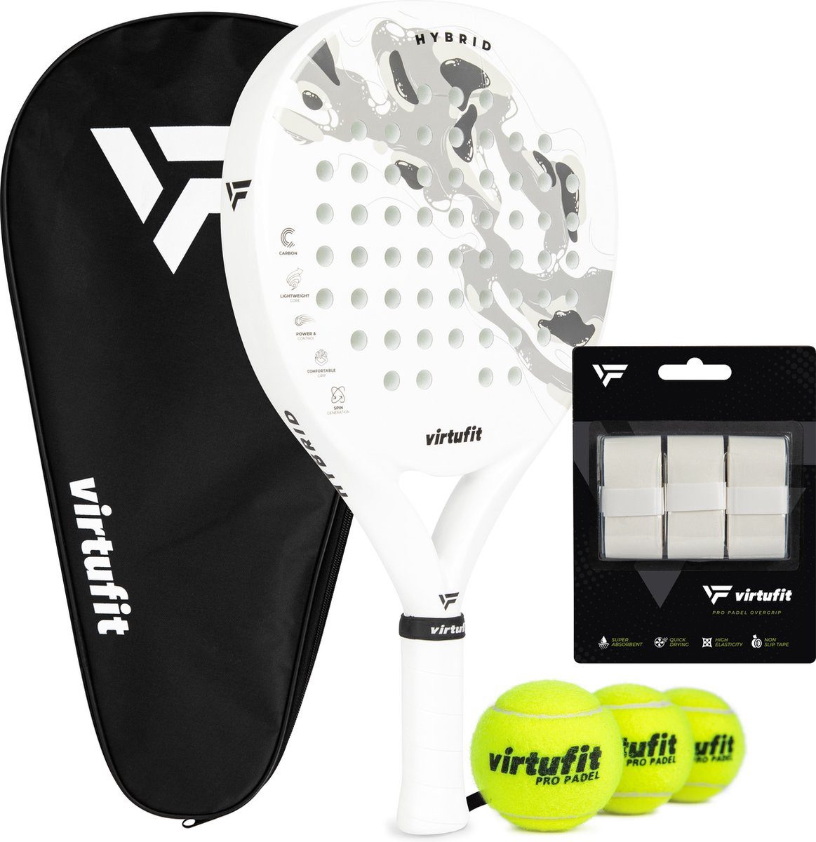 VirtuFit Padelschläger Hybrid Set - Carbon - Inkl. 3 Bälle - Weiß - Grau