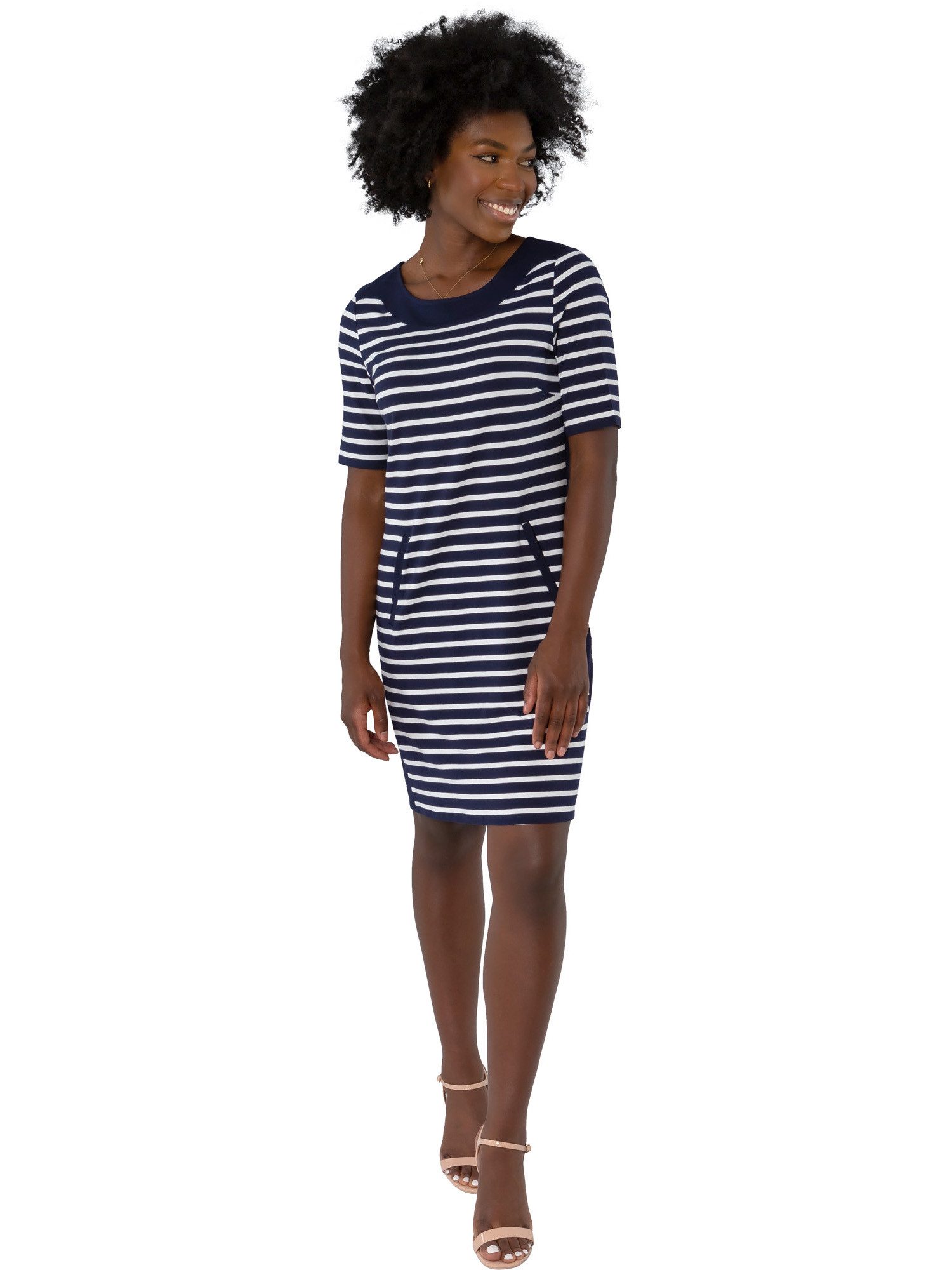 Gio Milano Sweatkleid Gio Milano Kleid mit Streifen und U-Boot Ausschnitt 2 Eingrifftaschen