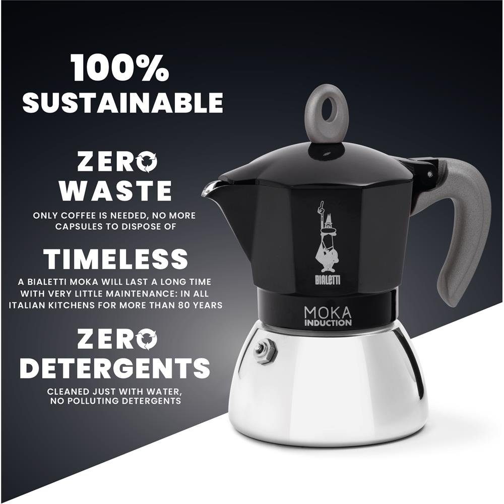 Silber/Schwarz New Kaffeekanne, 0,28l 6 Tassen, BIALETTI Moka Alu/Stahl Induktions-/Gas-/Elektroherd Espressokocher Campingkocher