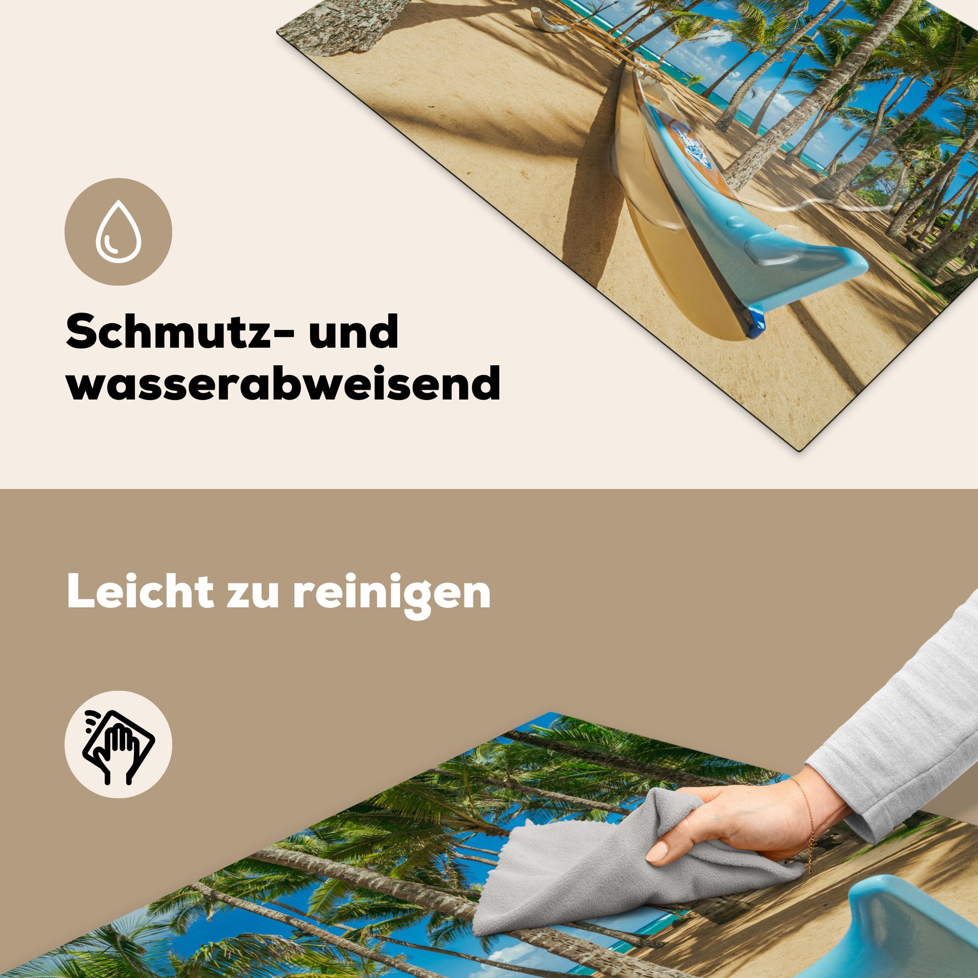 MuchoWow Herdblende-/Abdeckplatte Boot zwischen Palmen Vinyl, für Strand 81x52 die am cm, küche, Ceranfeldabdeckung Maui, Schutz von tlg), Induktionskochfeld (1