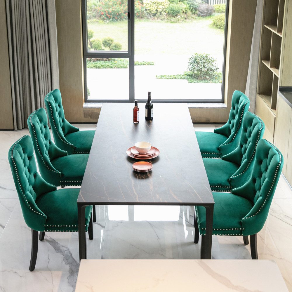 BBG Esszimmerstuhl 2er Set Esszimmerstühle Samt Chesterfield, bis 130 kg, French Style (Polsterstühle mit Knopfheftung & Ziernieten, Massivholz Rubberwood, 2 St), Hochlehner Dining Stuhl gepolstert