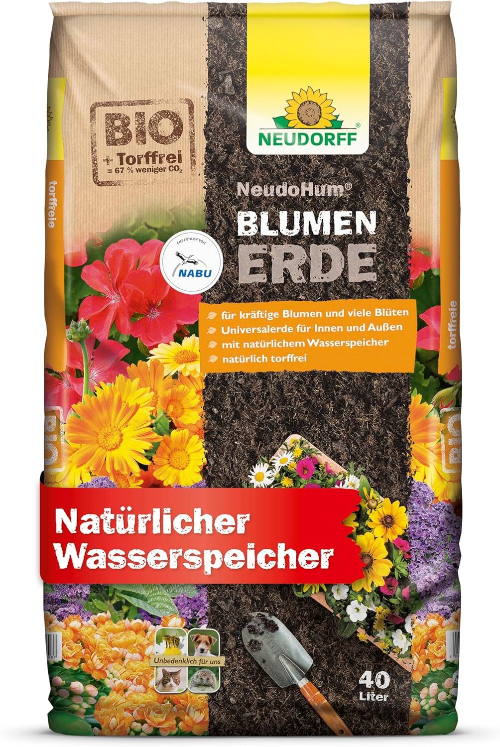 Neudorff Blumenerde NeudoHum BlumenErde 40 Liter, mit Organische Grunddüngung, (Einzelartikel, Speichert Wasser und Nährstoffe, optimiert Wasser- & Lufthaushalt), Speichert Wasser und Nährstoffe, optimiert Wasser- & Lufthaushalt
