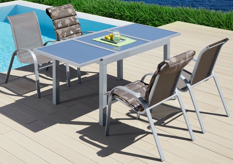 MERXX Garten-Essgruppe Amalfi, (5-tlg), 4 Sessel, Tisch ausziehbar  90x120-180 cm, Alu/Textil