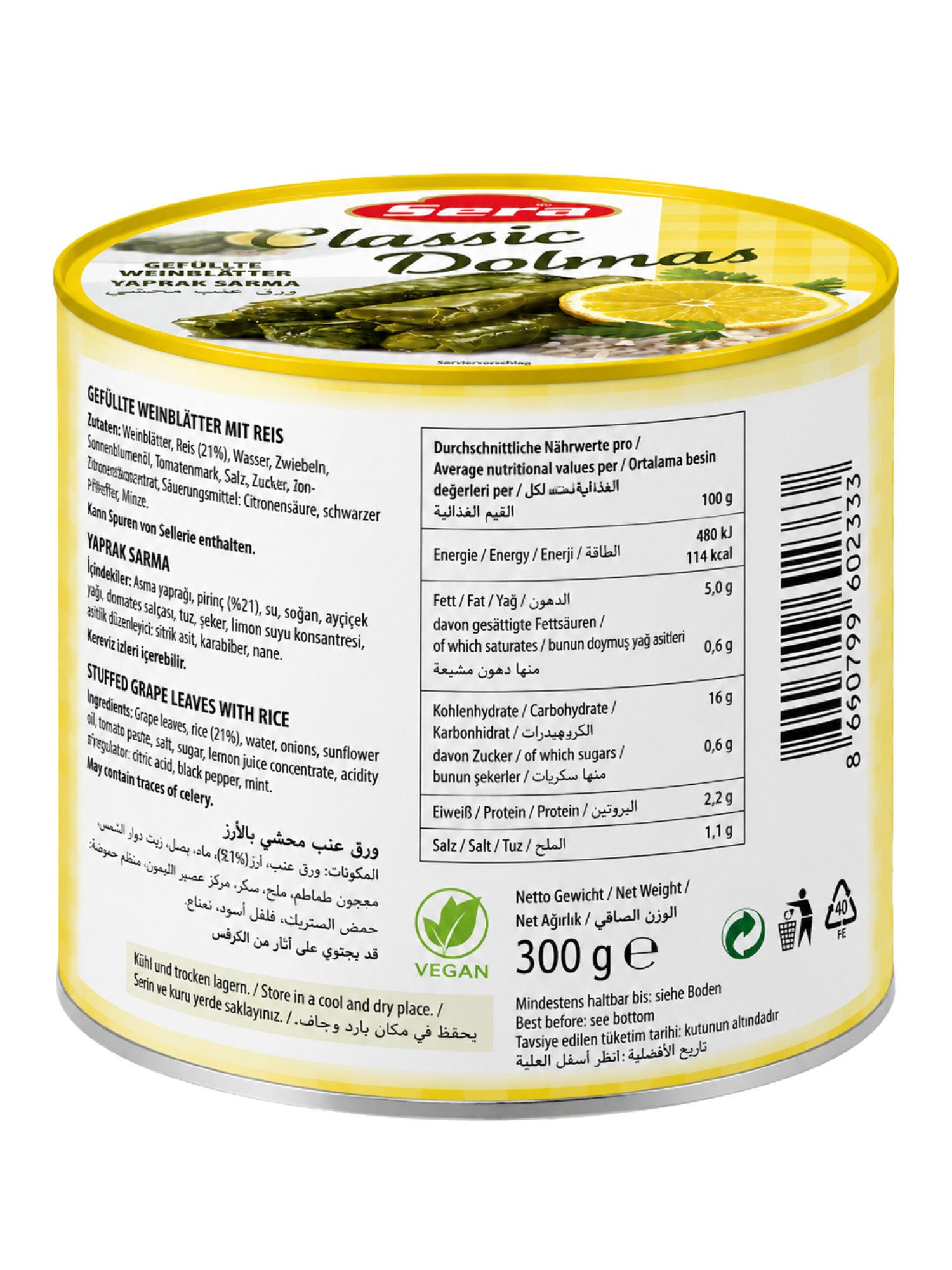 SERA FOOD Fertiggericht Gefüllte Weinblätter mit Reis – mediterran & servierfertig, (Vegane Konserven), Spezialität, servierfertig, vegan/vegetarisch, hochwertige Zutaten