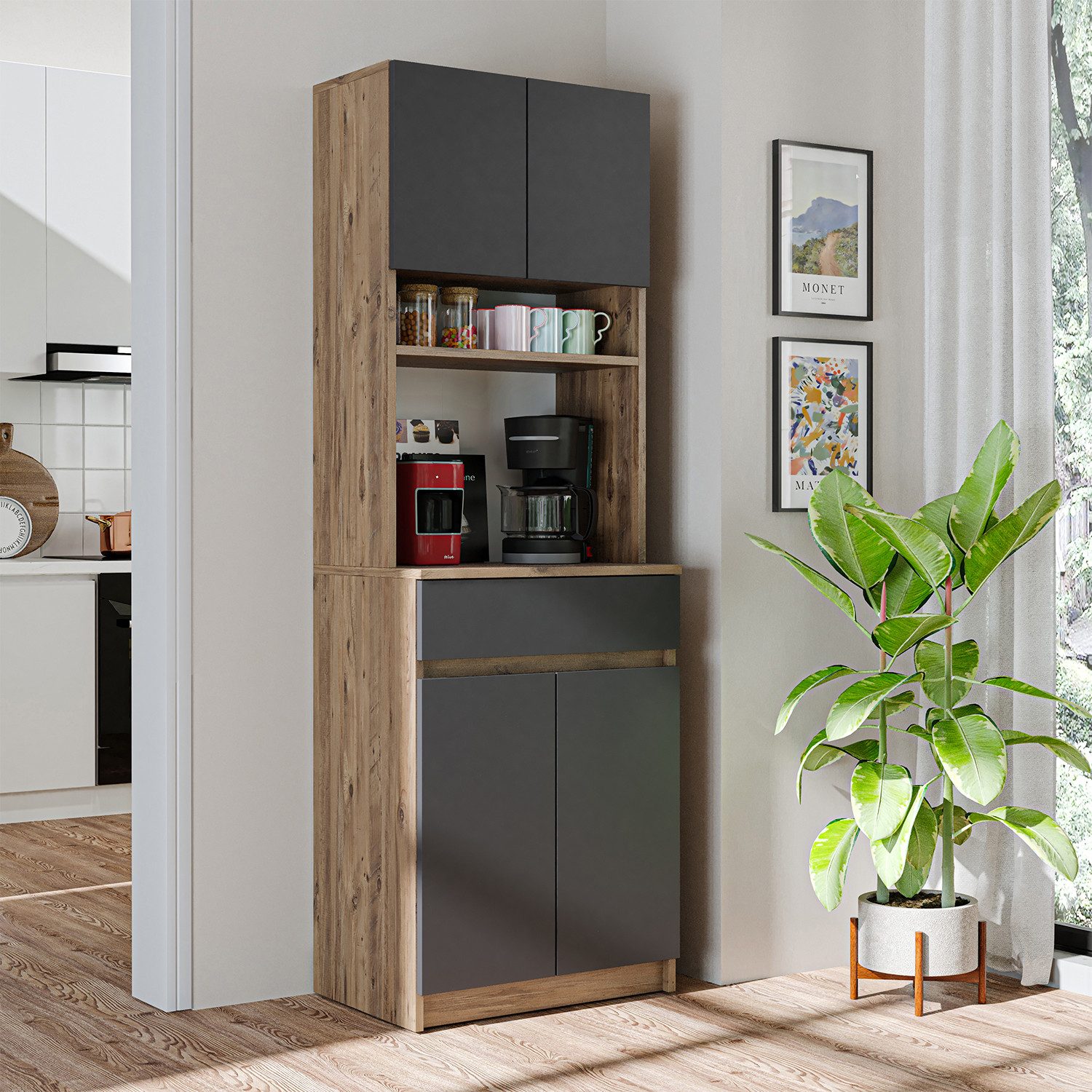 Roomart Küchenbuffet Küchenschrank NAPOLI 180cm mit Nische Schublade Mikrowellenschrank offene Nische für Mikrowelle, mit Schublade