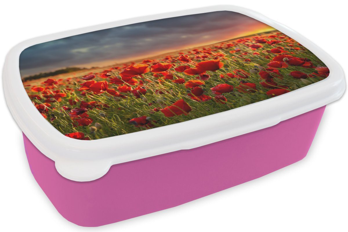 MuchoWow Lunchbox Sonnenuntergang einem von Feld Kunststoff, Mohnblumen, Erwachsene, für rosa über Kunststoff (2-tlg), Brotbox Snackbox, Kinder, Mädchen, Brotdose