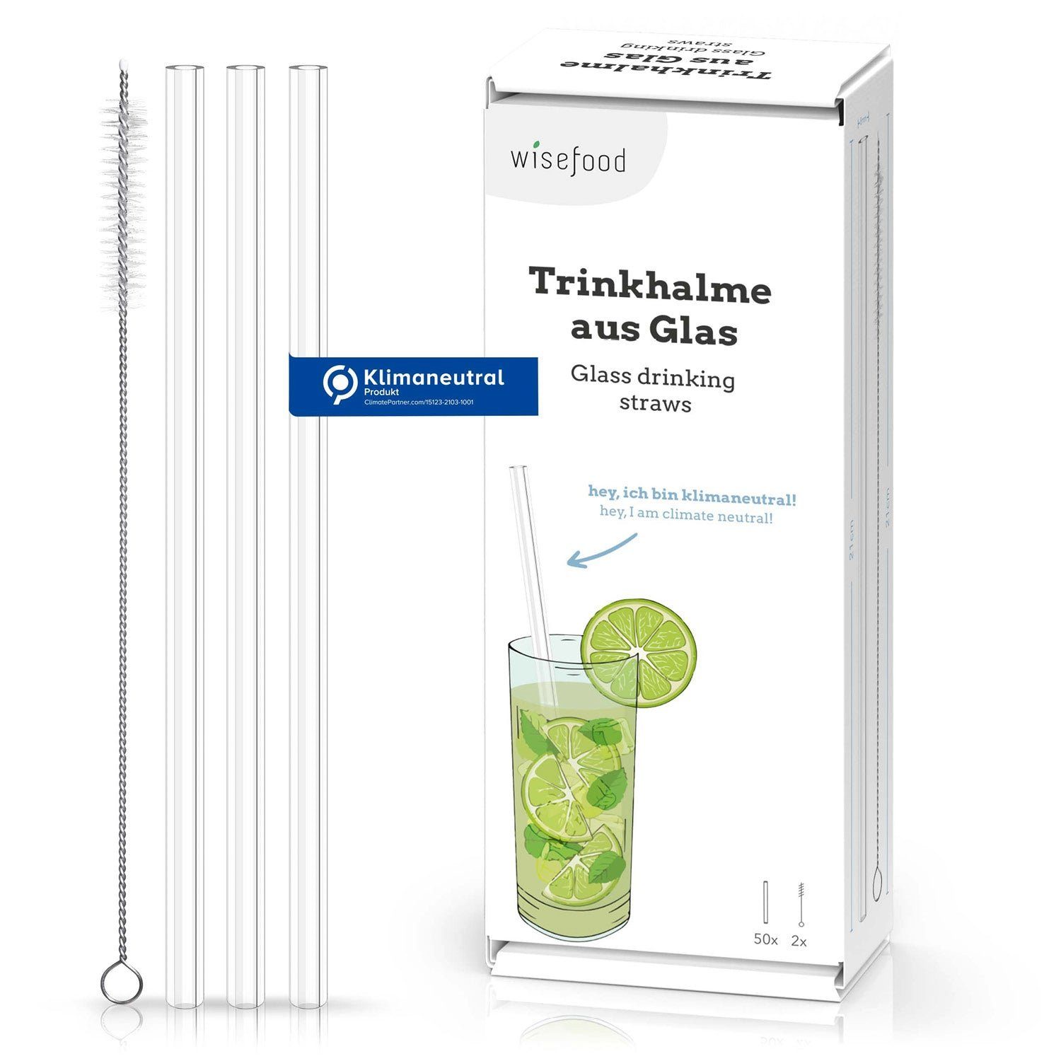 wisefood Trinkhalme Glas Trinkhalm Set: 50 Halme + 2 Bürsten, (50-tlg)