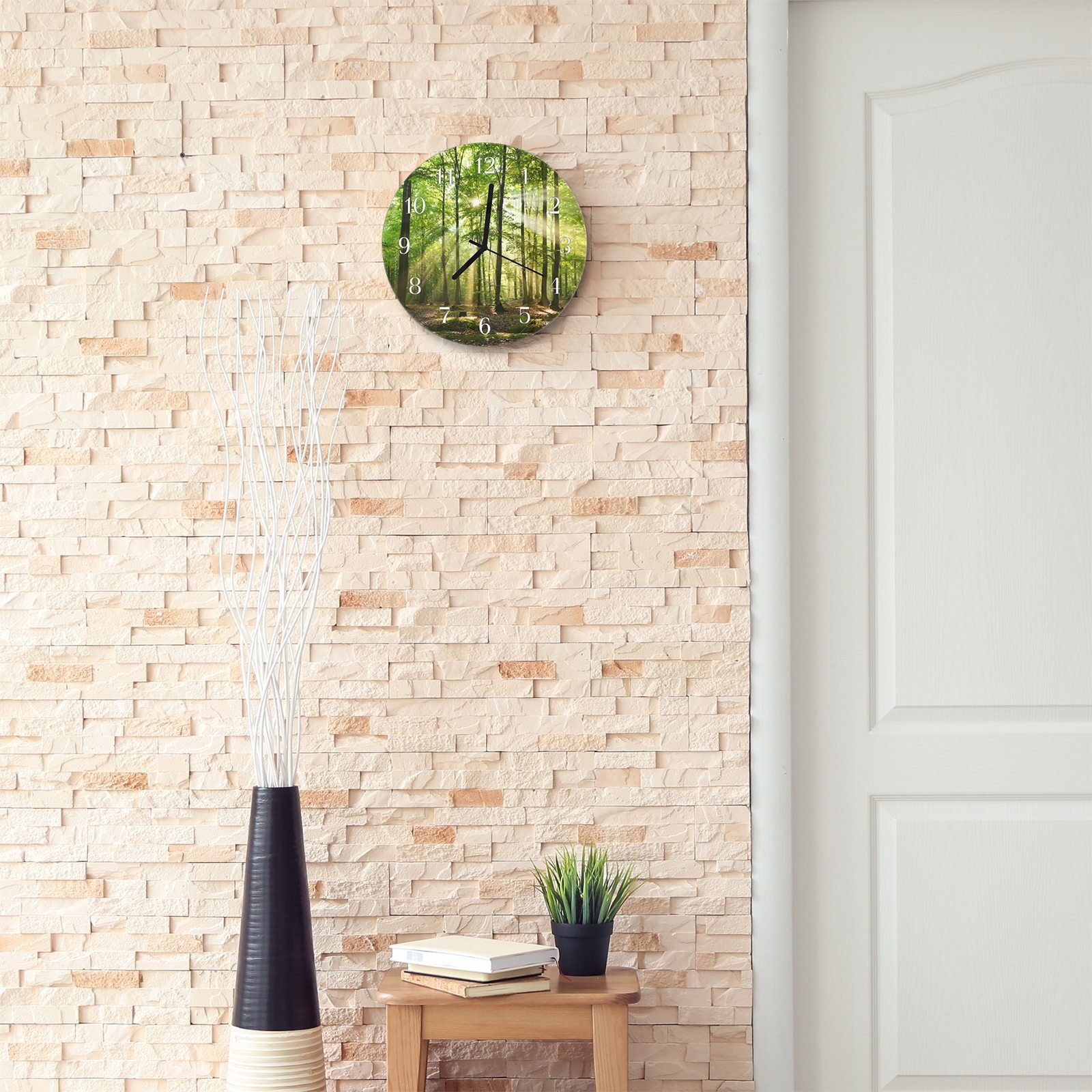 Rund cm Wanduhr Quarzuhrwerk - mit Sonnenstrahlen und Durchmesser Primedeco Glas Wanduhr Motiv aus 30 mit Wald mit