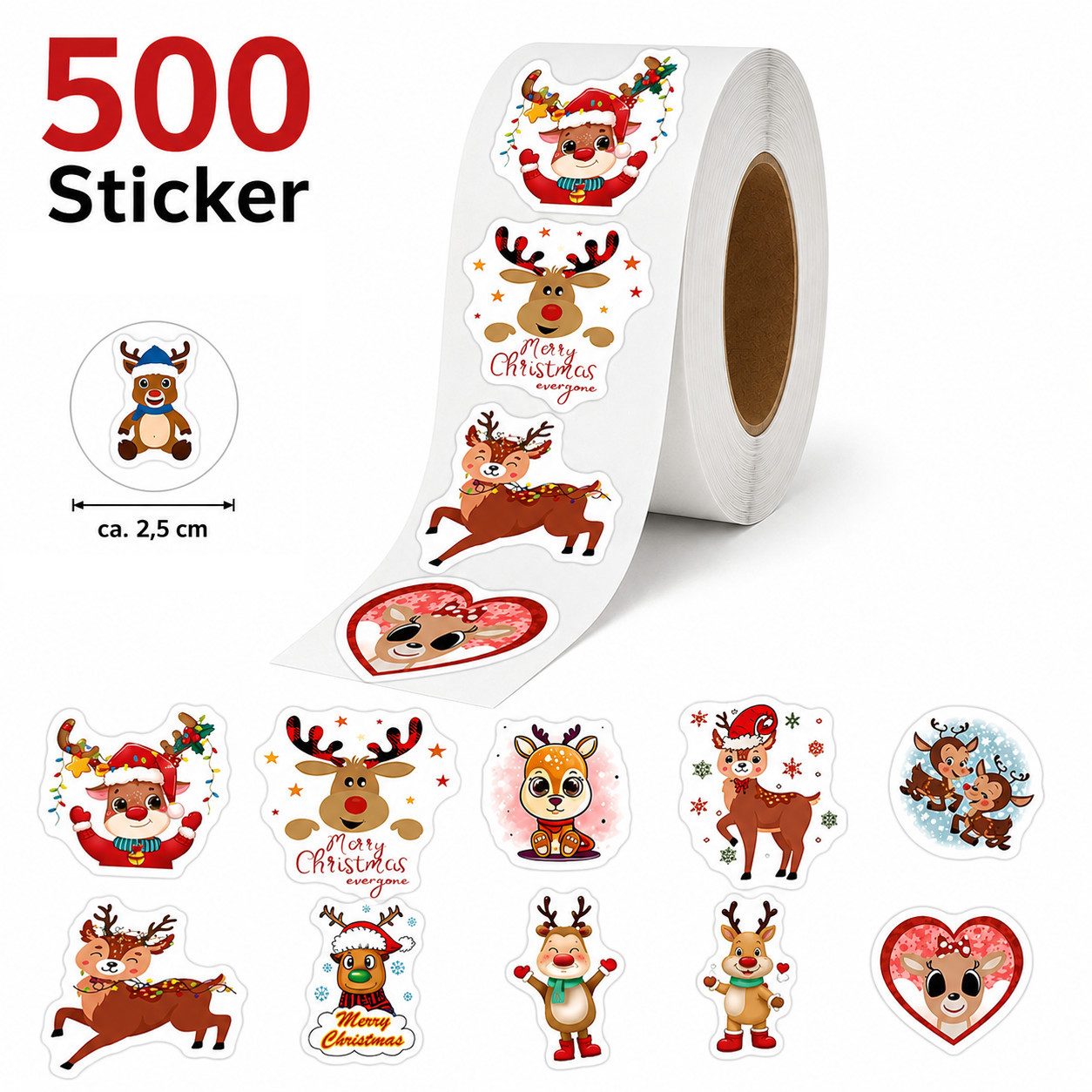 Ware aus aller Welt Sticker 500 Weihnachtssticker auf Rolle – 10 Motive Ø ca. 2,5 cm Aufkleber, (500-tlg)