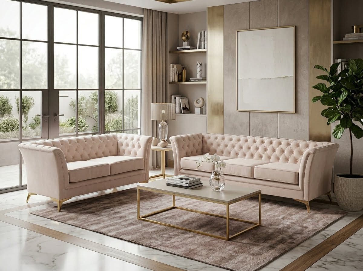 JVmoebel Chesterfield-Sofa Beiges Wohnzimmer-Set: 3+2-Sitzer-Sofas Chesterfield klassische Sofas, 2 Teile, Made in Europa
