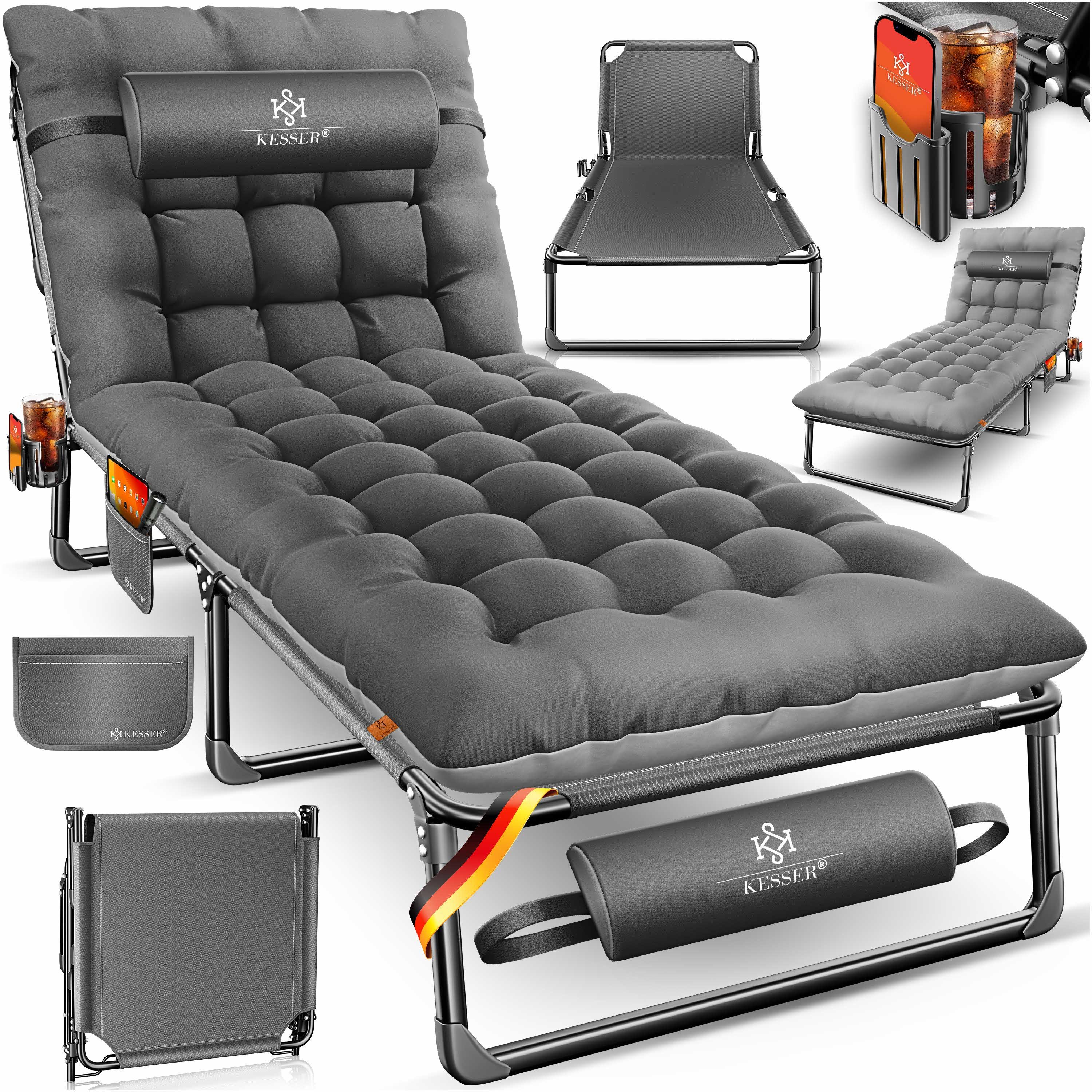 KESSER Campingliege Campingbett Campingliege Angelliege Karpfenliege klappbar (mit Tragetasche, Getränkehalter & Nackenkissen bis 250 kg belastbar) 190 x 68 x 30 cm strapazierfähiges Oxford-Gewebe stabiles Stahlgerüst