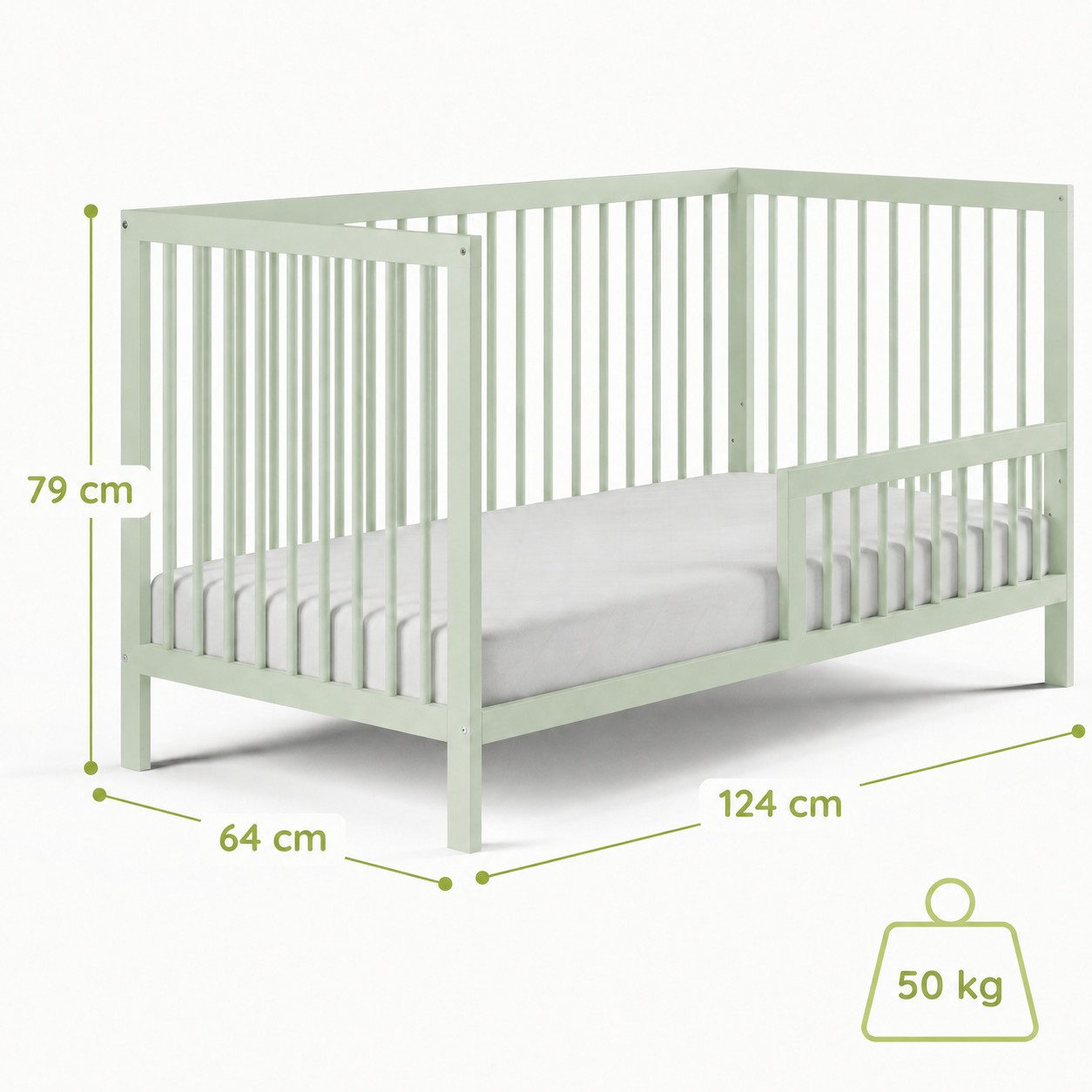 Kids Collective Babybett Kinderbett Gitterbett Baby Bett mit Rausfallschutz 60x120 70x140, stabiles Buchenholz, made in Europe 60x120 cm Grün