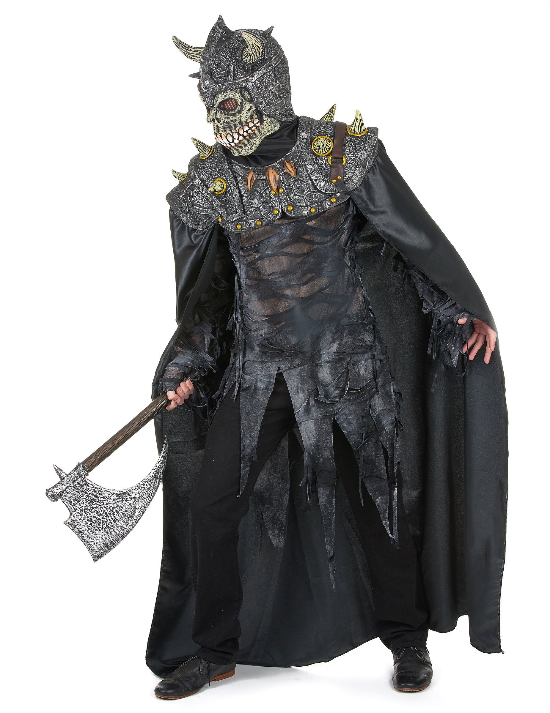 JADEO Kostüm Skelett-Krieger Halloween Latex-Maske Totenkopf grau-schwarz