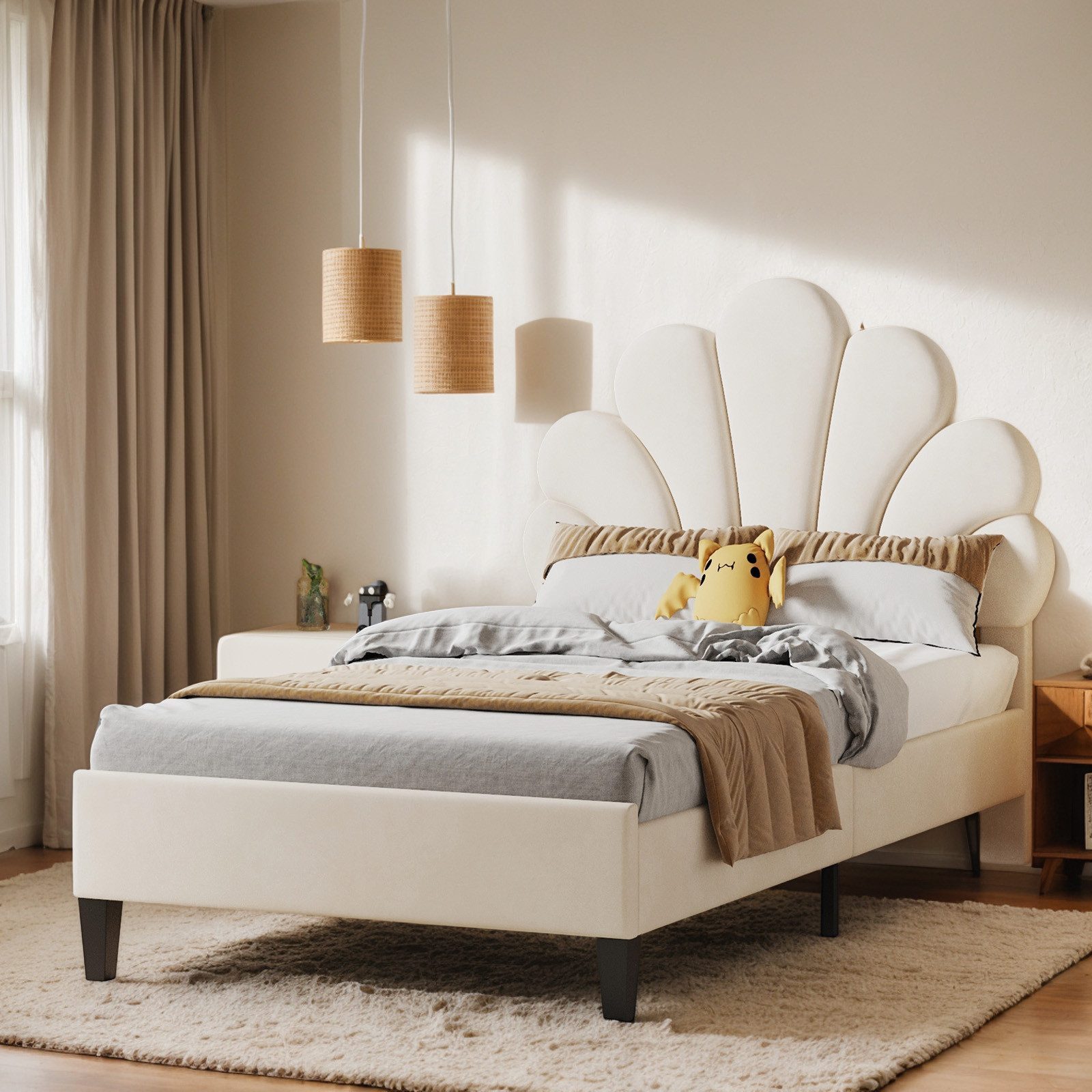 REDOM Einzelbett 90 x 200 cm Kinderbett Gästebett Polsterbett (mit Kopfteil in Blumenform und Lattenrost, hautfreundlichem Samtstoff), Ohne Matratze