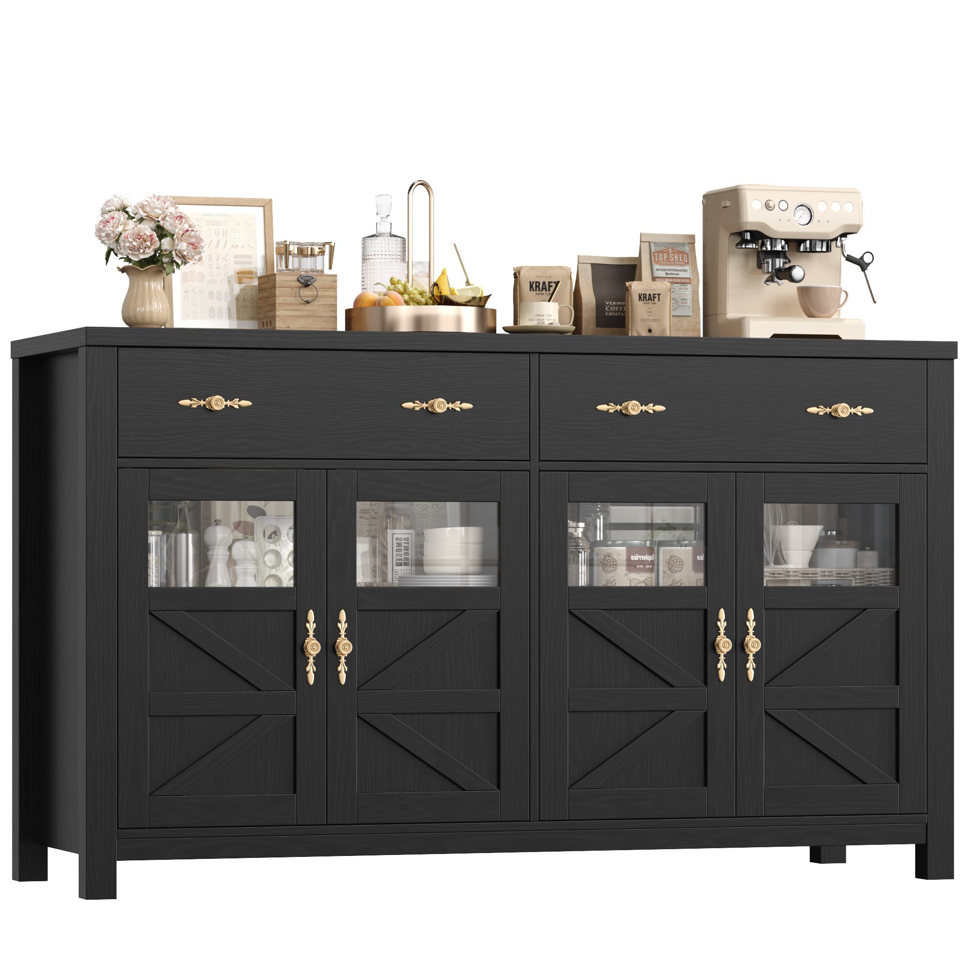 Homfa Sideboard Küchenschrank Buffetschrank Küchenbuffet, mit 2 Schubladen 4 Glastüren für Wohnzimmer Küche 140x40x90 cm schwarz