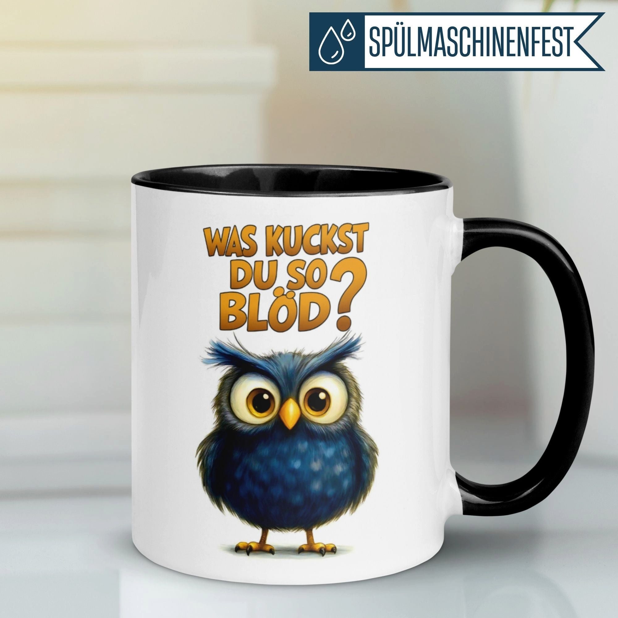 Momentals Tasse Eule – Was kuckst du so blöd – lustiges Eulen Geschenk Morgenmuffel, Gratis Versand · Links-&Rechtshänder · Spülmaschinenfest