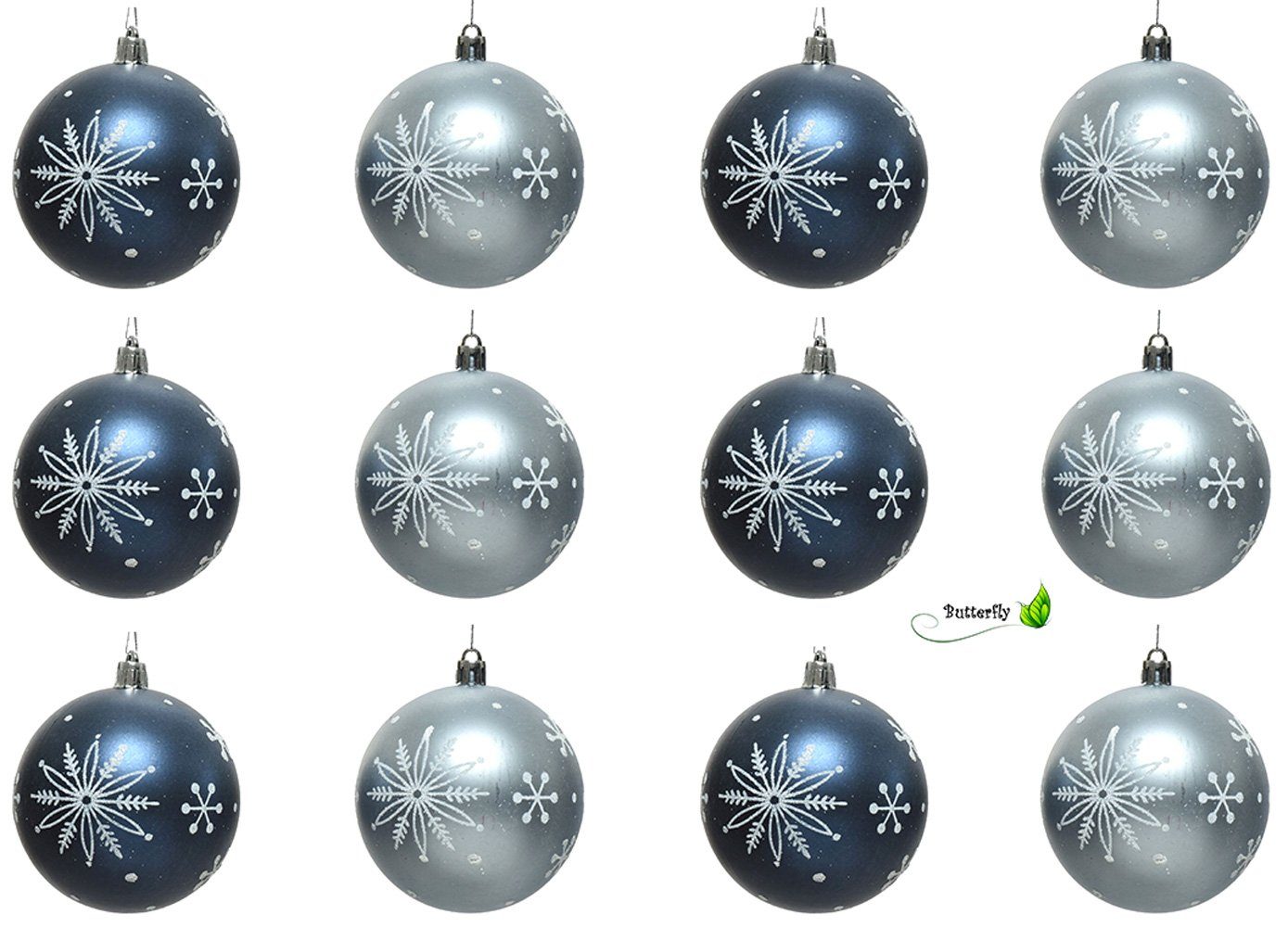 Decoris season decorations Christbaumschmuck, Kunststoff 12 Set blau Schneeflocken 8cm Mix, Weihnachtskugeln Muster