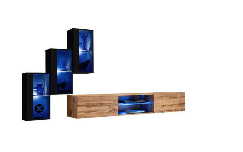 JVmoebel Wohnwand Luxus Wohnwand Komplett 4tlg Designer Einrichtung Holzmöbel, (4-St., TV Ständer + 3x Hänge Vitrine), LED beleuchtet