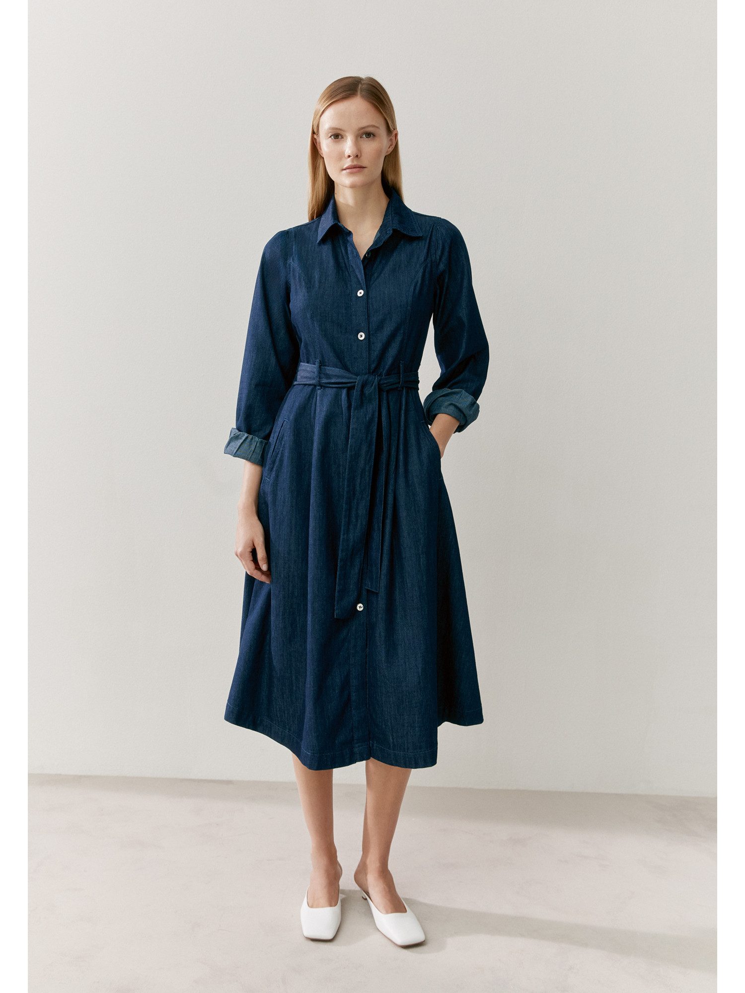 MORE&MORE Jeanskleid sportives Jeanskleid mit Bindegürtel