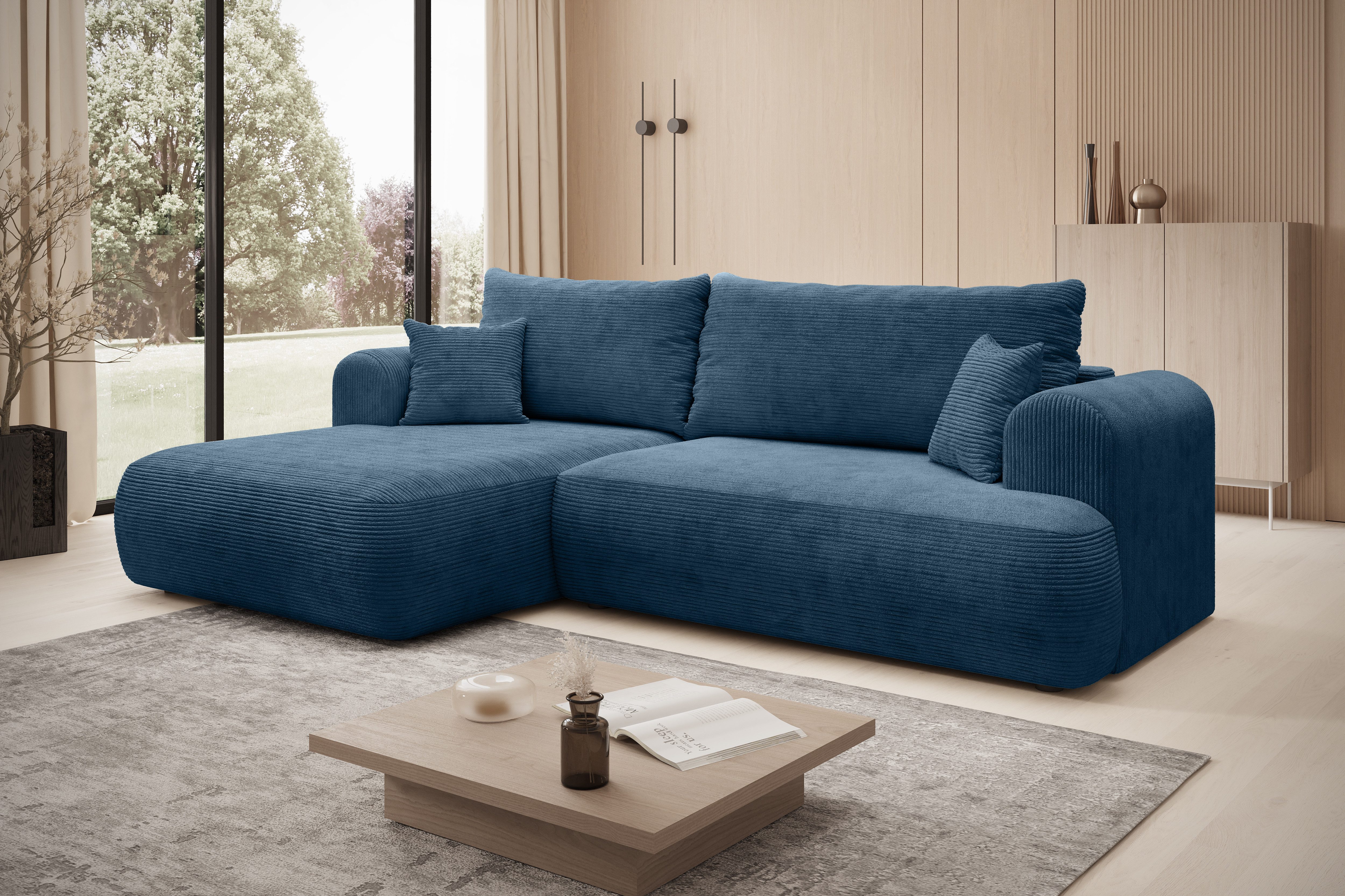 thematys Ecksofa mit Schlaffunktion und Bettkasten, L-Form, Cord und Bouclé + 2 Kissen, 260 x 165cm - Luxus Couch mit Bettfunktion mit Bonnellfedern