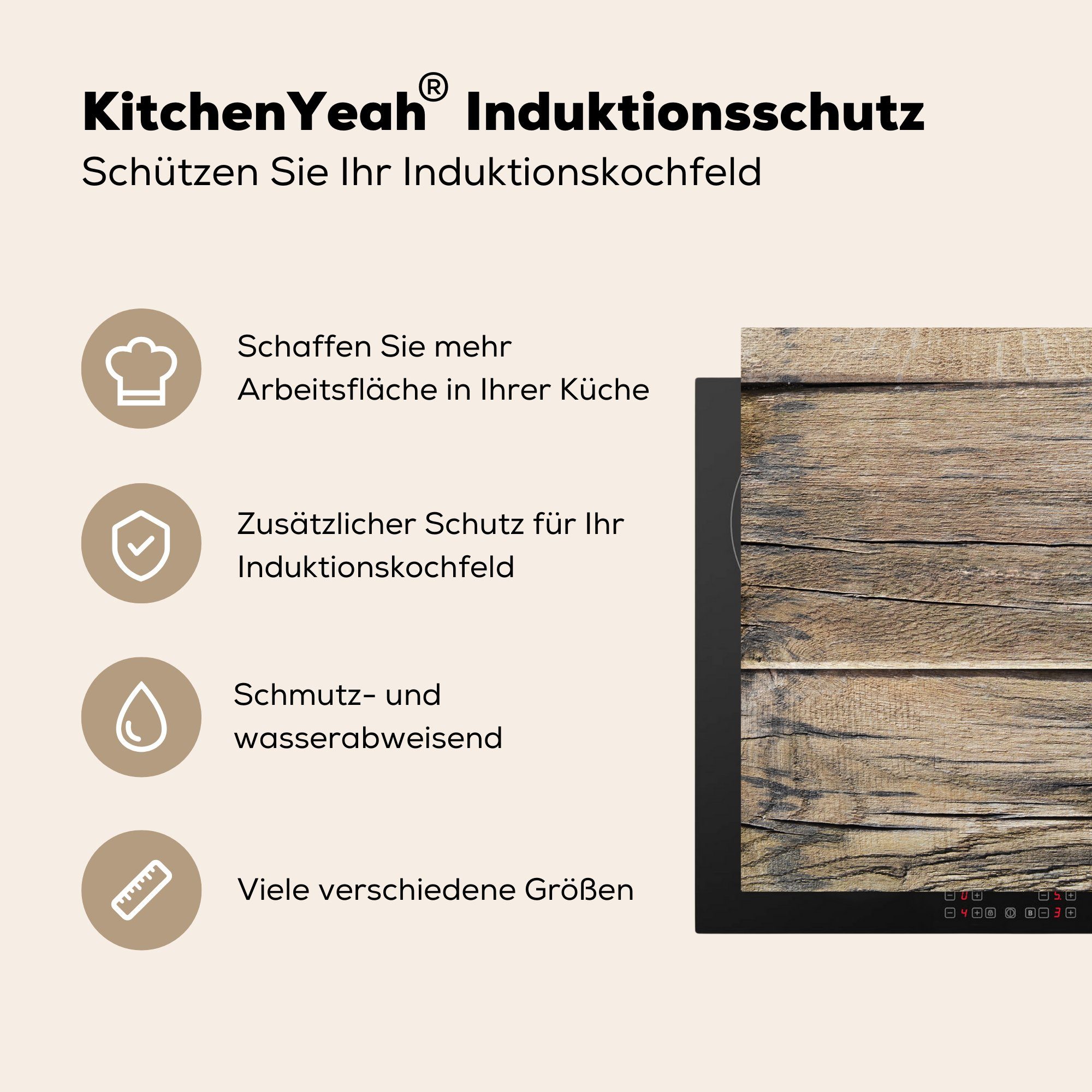 - Holz küche 78x78 Arbeitsplatte Vintage, - Herdblende-/Abdeckplatte Ceranfeldabdeckung, Rundholz tlg), - (1 Regal MuchoWow für Vinyl, cm,