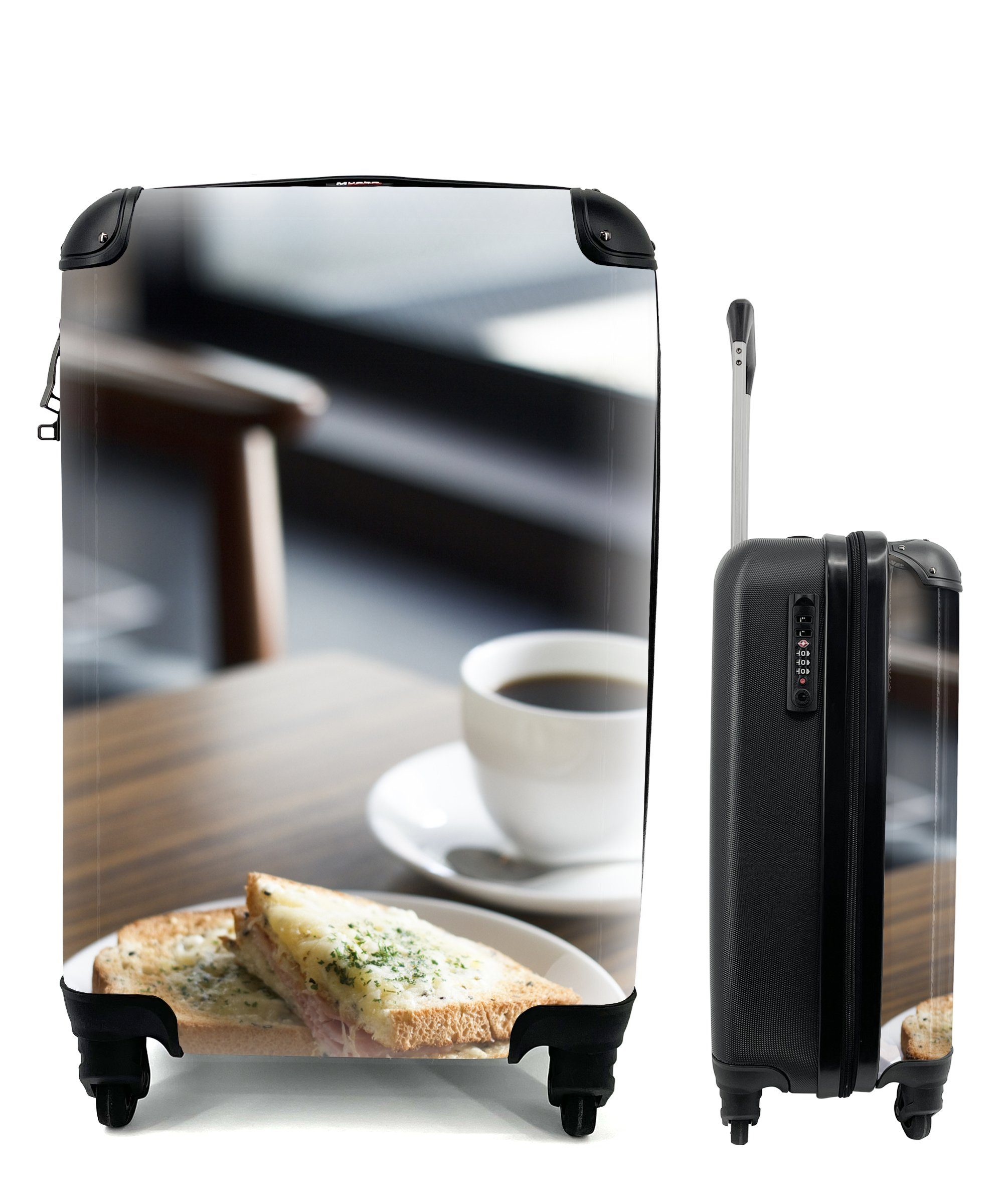 MuchoWow Handgepäckkoffer Toast mit Kaffee zum Frühstück, 4 Rollen, Reisetasche mit rollen, Handgepäck für Ferien, Trolley, Reisekoffer