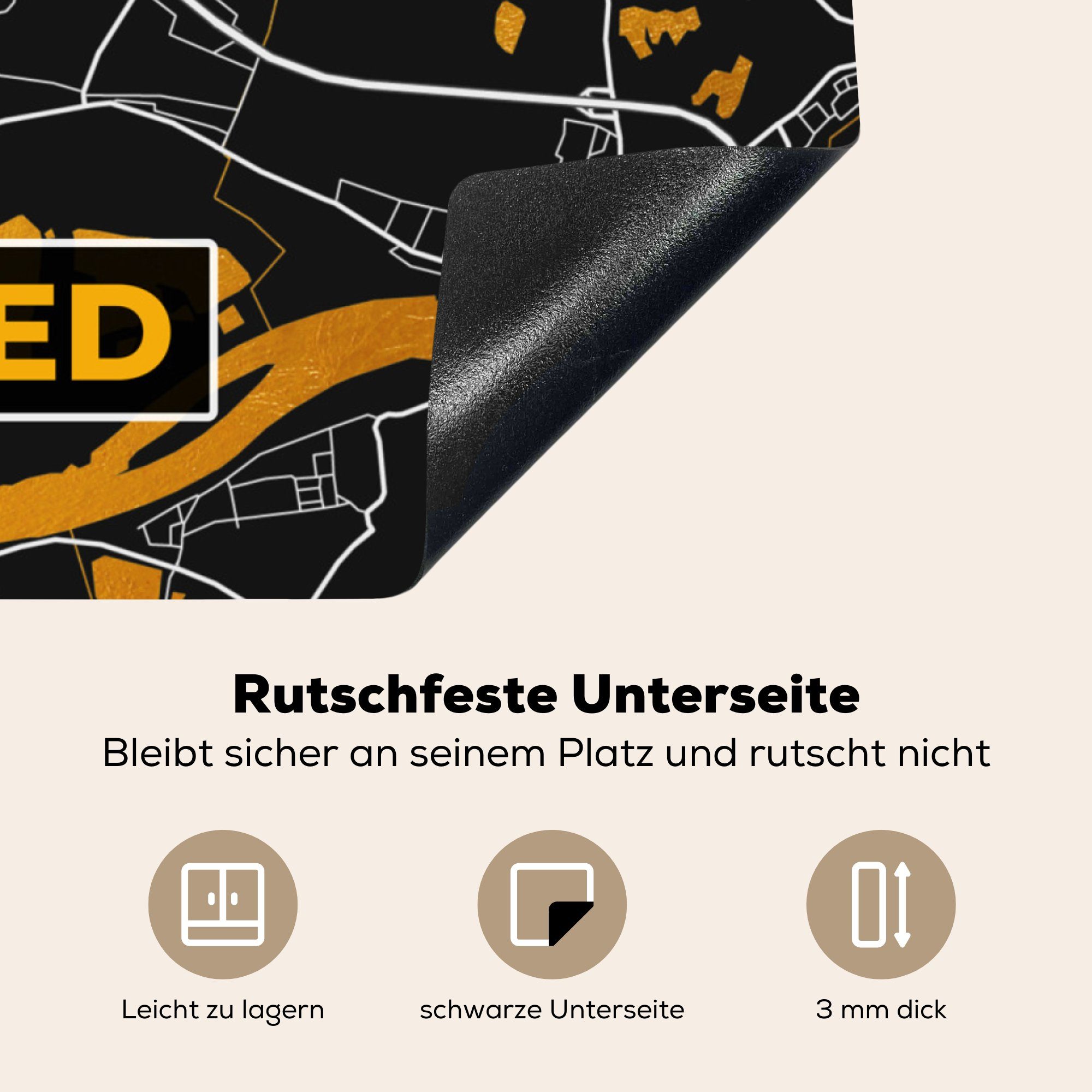 MuchoWow Herdblende-/Abdeckplatte Deutschland - Schwarz Vinyl, - - 78x78 Neuwied Karte, Gold Arbeitsplatte für küche Ceranfeldabdeckung, - Stadtplan und tlg), cm, (1