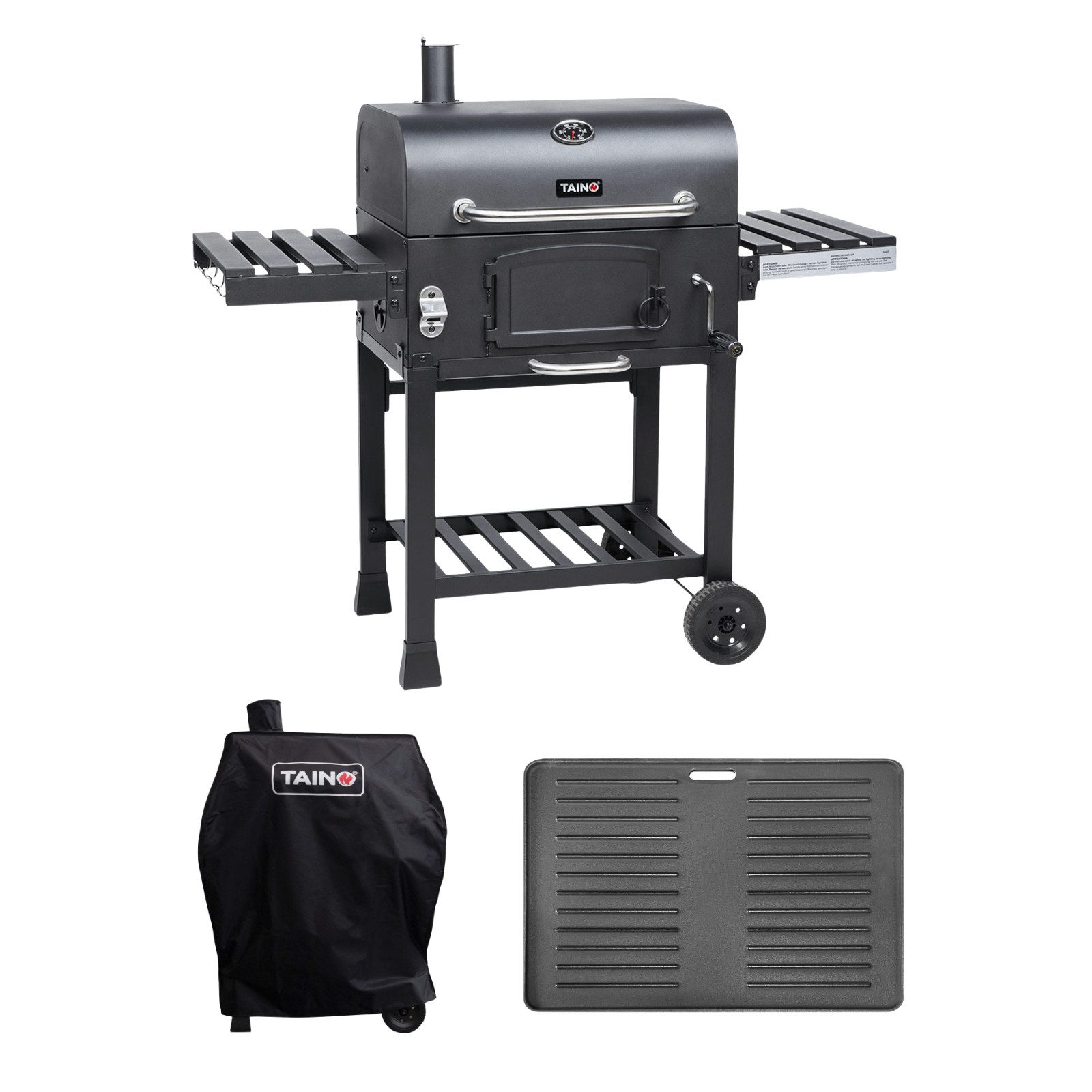 TAINO Holzkohlegrill, HERO XL, Grillwagen, klappbare Seitentische, Abdeckhaube, Wendeplatte
