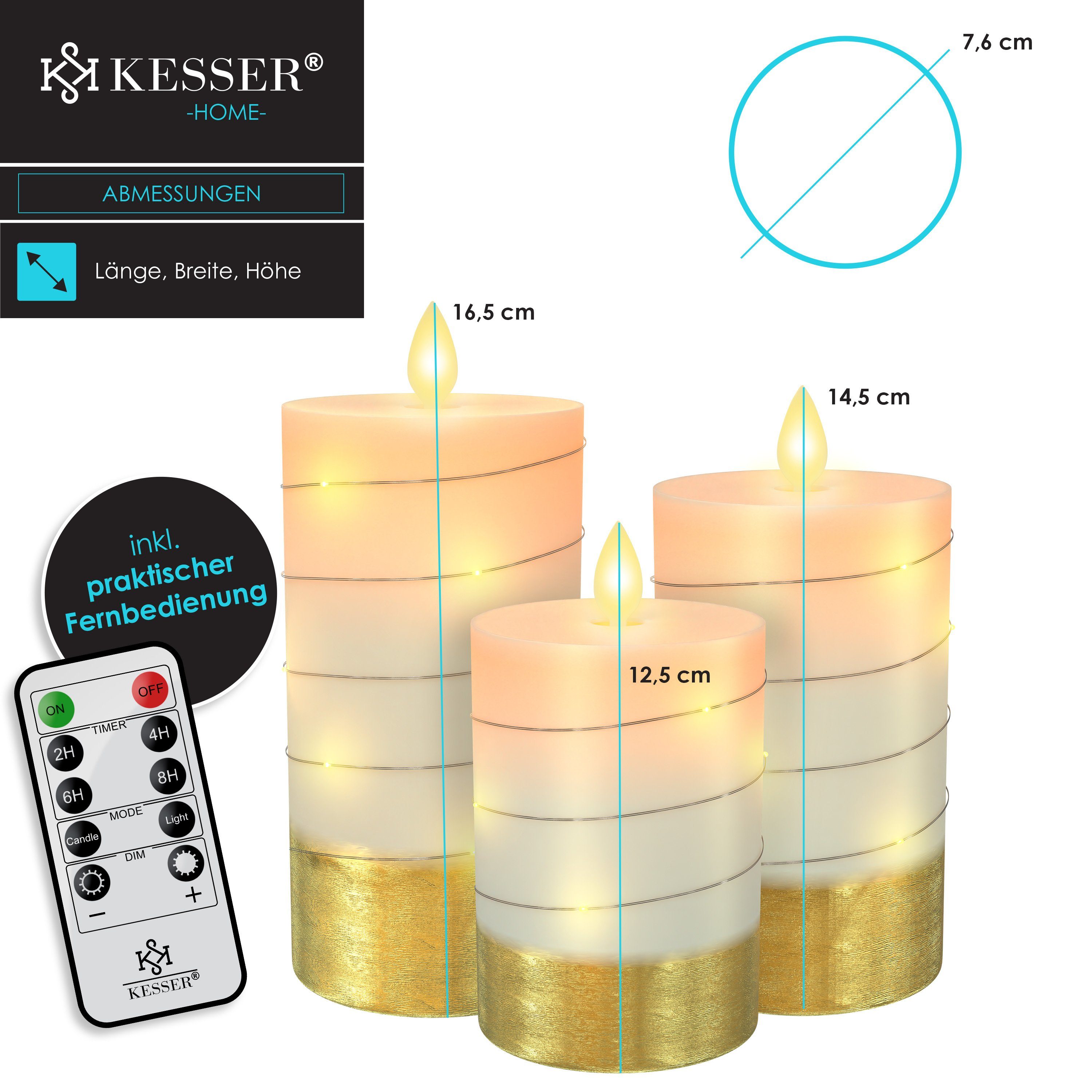 Modern LED-Kerze, Flammenlose Timerfunktion Fernbedienung KESSER / Set Weiß 3er-Set LED Kerze Kerzen mit